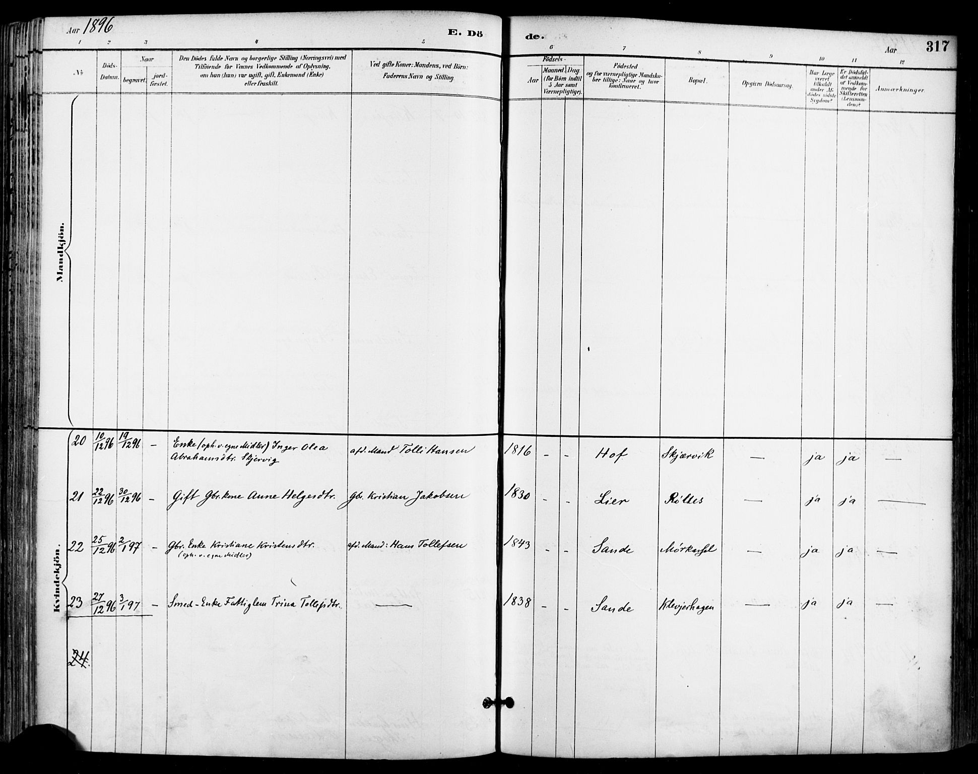 Sande Kirkebøker, AV/SAKO-A-53/F/Fa/L0007: Parish register (official) no. 7, 1888-1903, p. 317