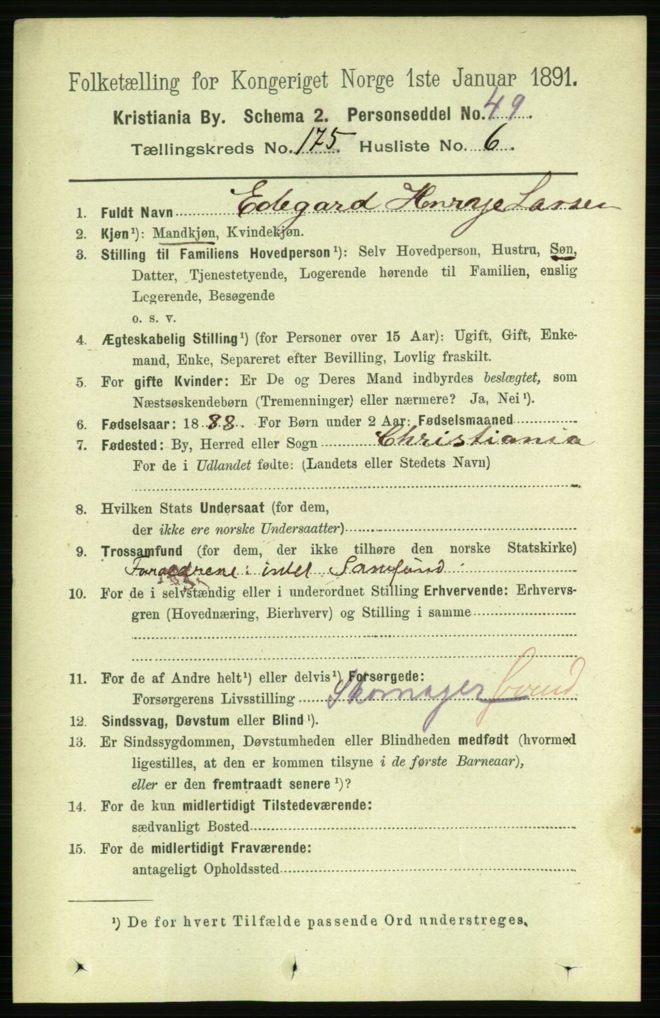 RA, 1891 census for 0301 Kristiania, 1891, p. 105123