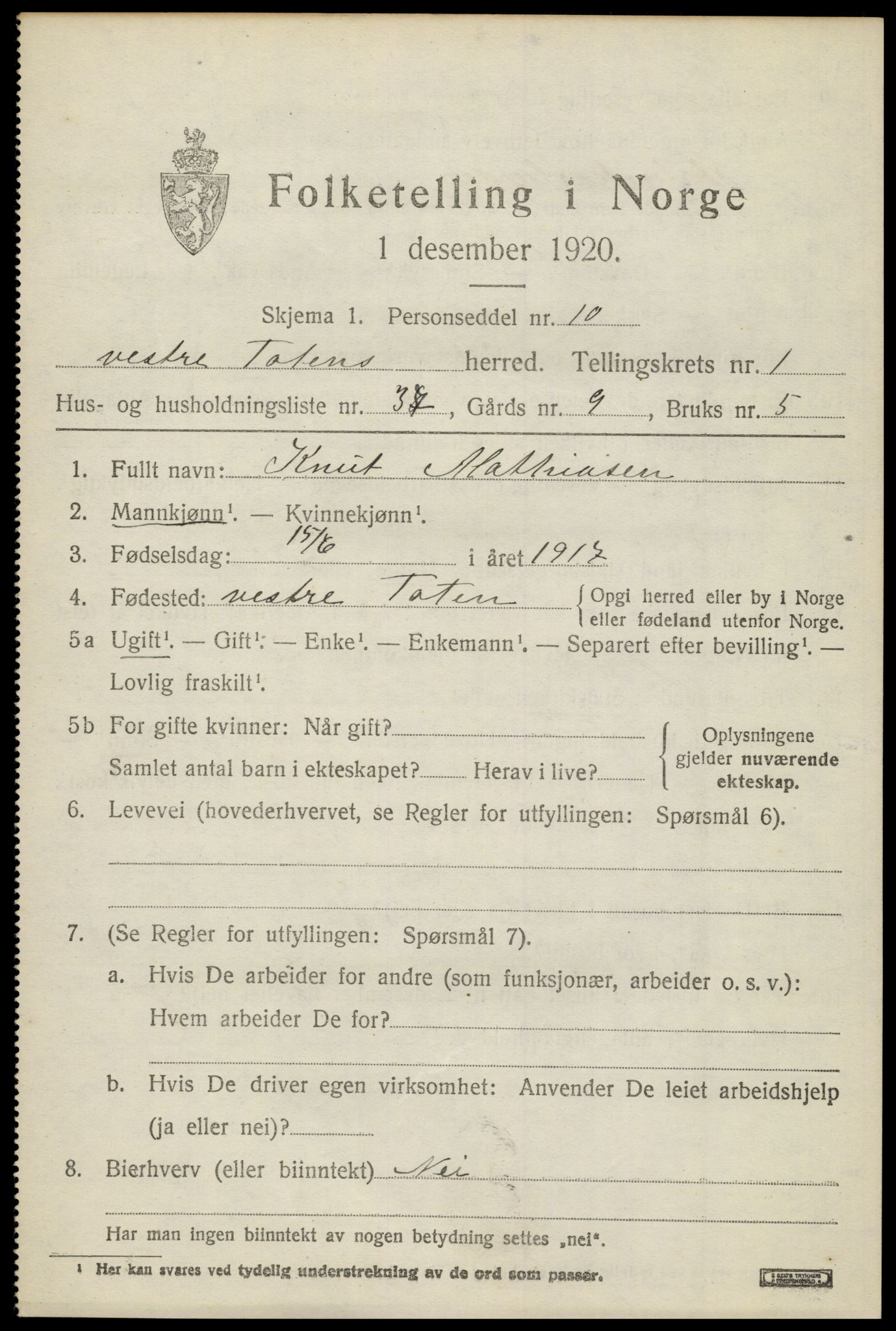 SAH, 1920 census for Vestre Toten, 1920, p. 2300