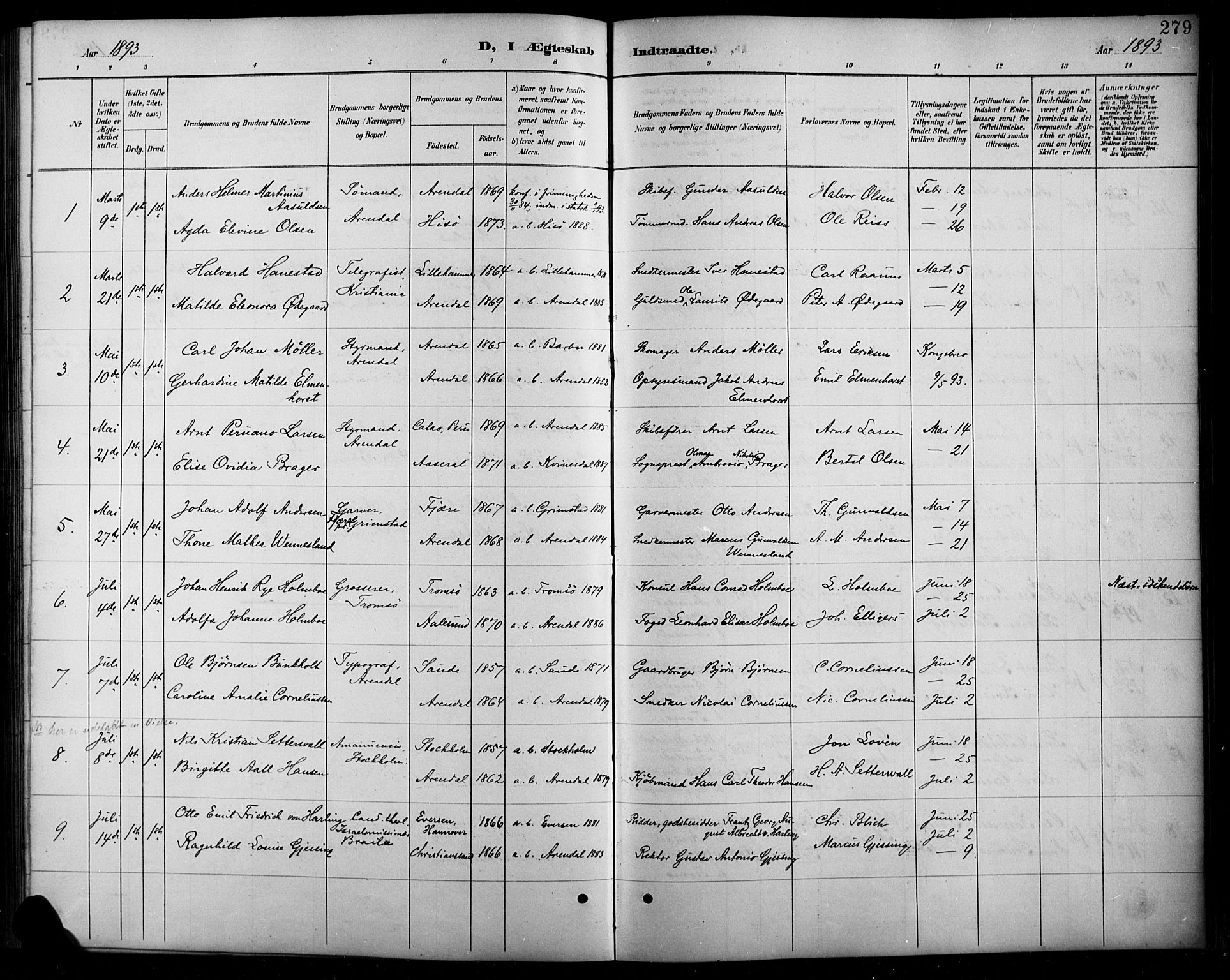 Arendal sokneprestkontor, Trefoldighet, SAK/1111-0040/F/Fb/L0006: Parish register (copy) no. B 6, 1889-1916, p. 279
