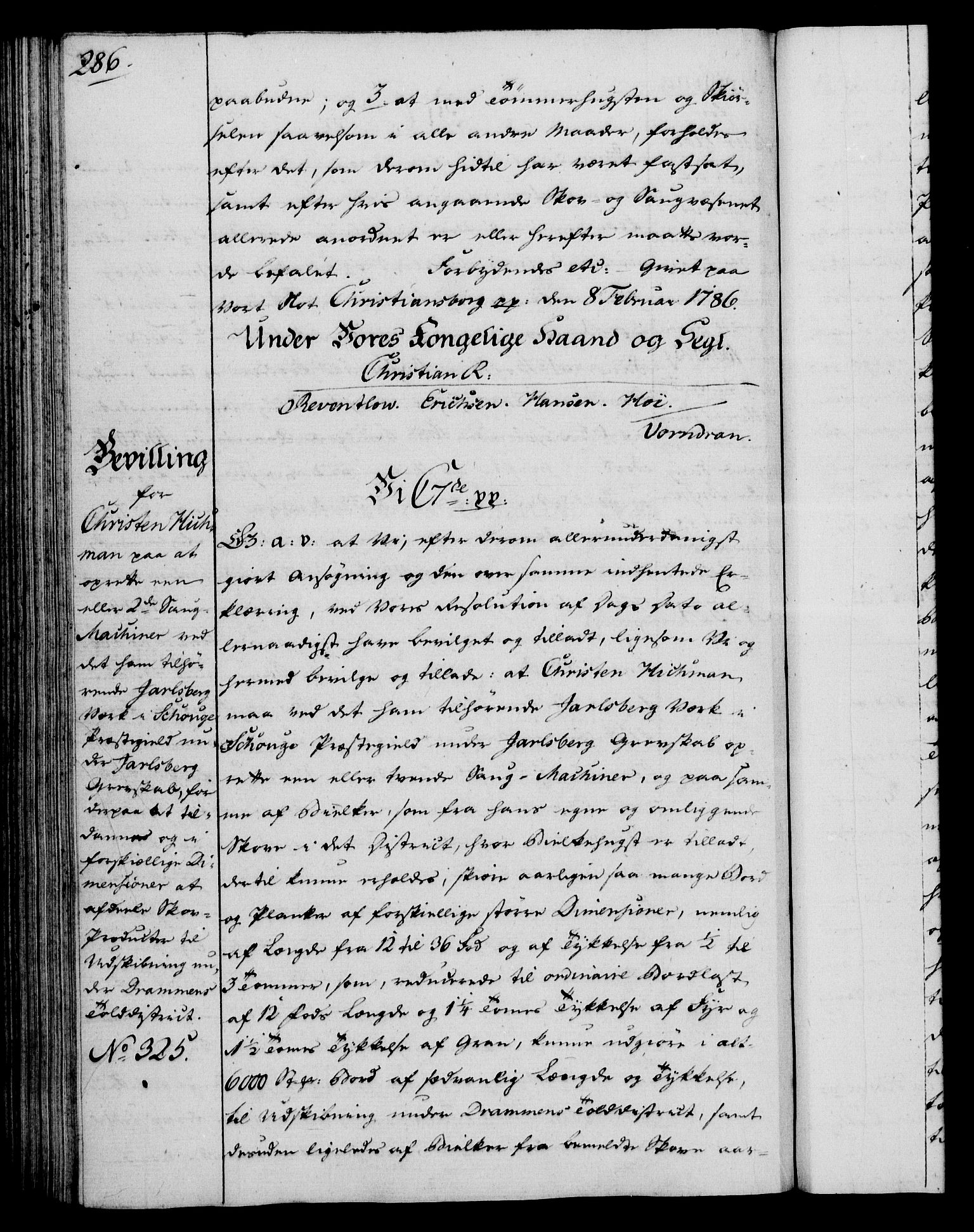 Rentekammeret, Kammerkanselliet, RA/EA-3111/G/Gg/Gga/L0013: Norsk ekspedisjonsprotokoll med register (merket RK 53.13), 1784-1787, p. 286