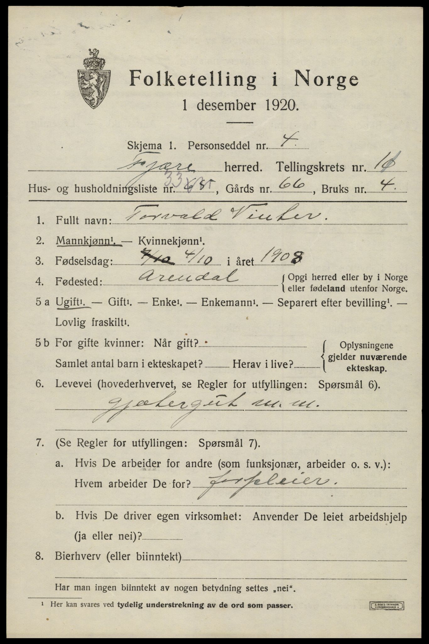 SAK, 1920 census for Fjære, 1920, p. 12071
