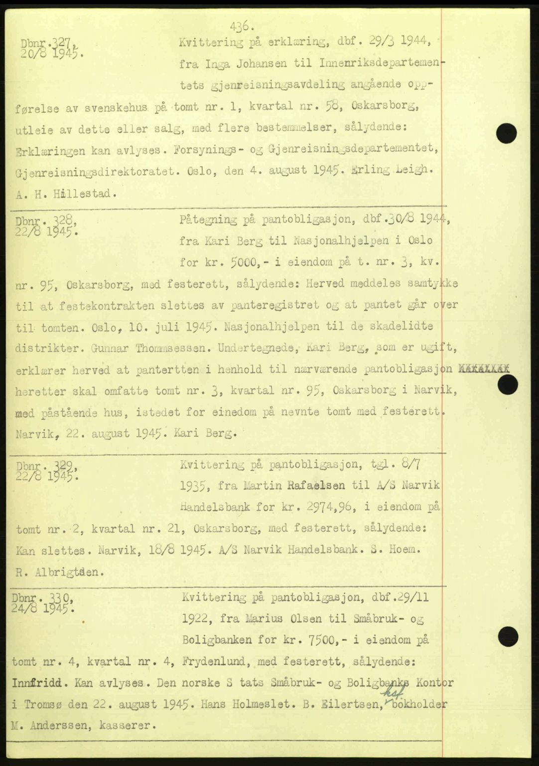 Narvik sorenskriveri, AV/SAT-A-0002/1/2/2C/2Ca: Mortgage book no. A18, 1941-1951, Diary no: : 327/1945