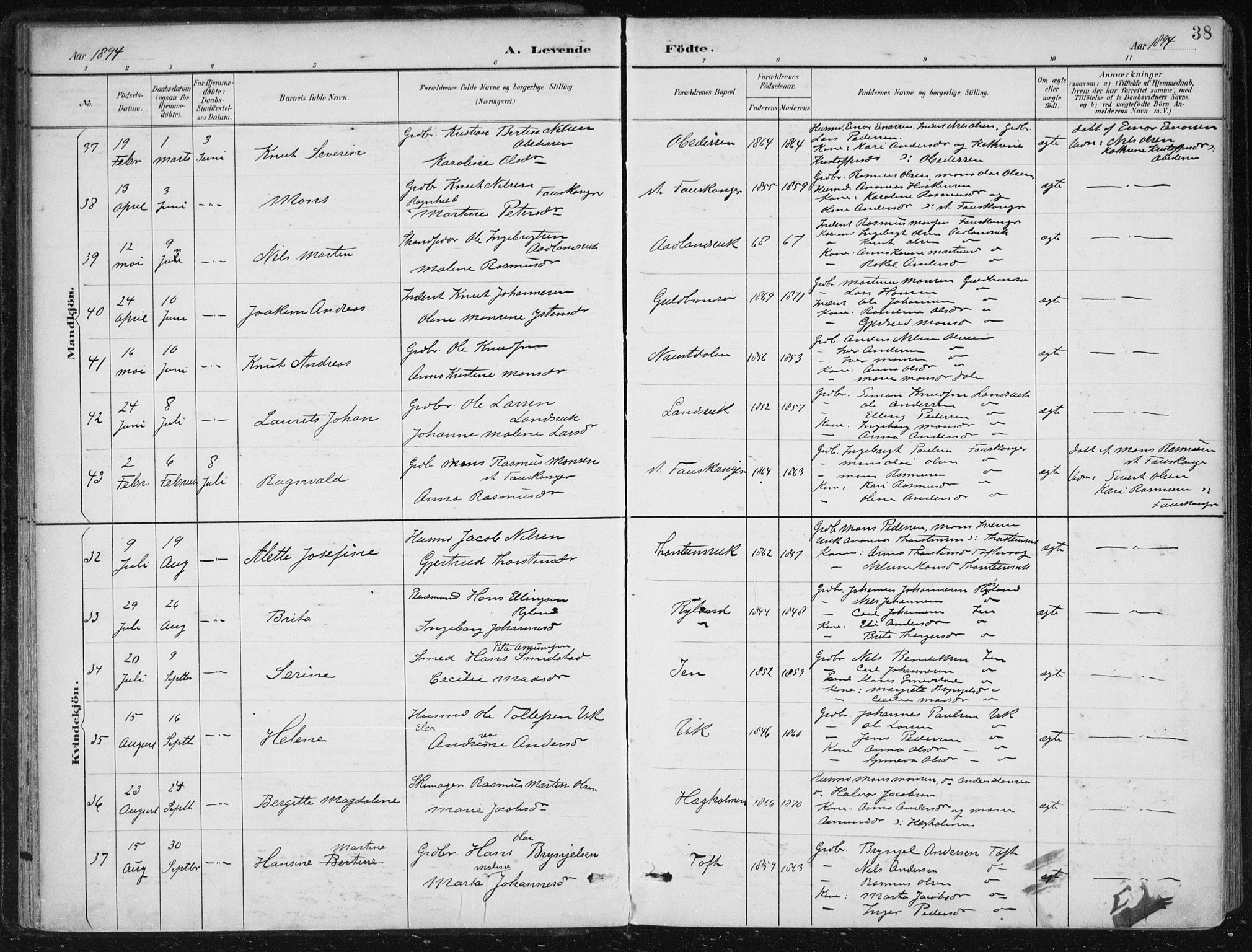 Herdla Sokneprestembete, SAB/A-75701/H/Haa: Parish register (official) no. A 4, 1891-1905, p. 38