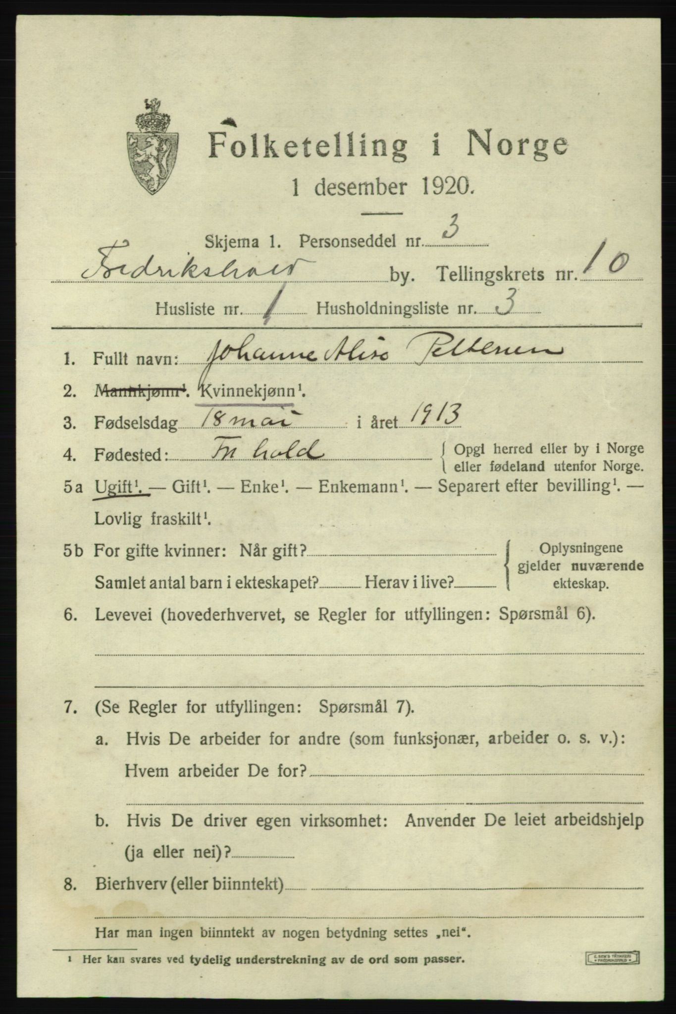 SAO, 1920 census for Fredrikshald, 1920, p. 17434