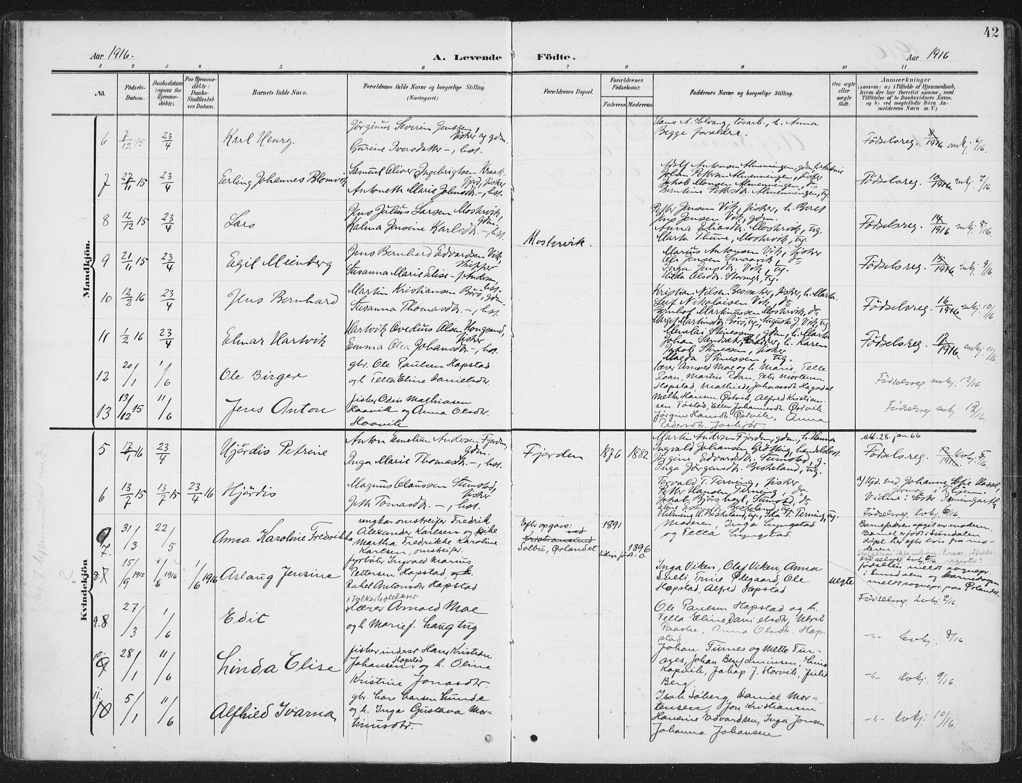 Ministerialprotokoller, klokkerbøker og fødselsregistre - Sør-Trøndelag, SAT/A-1456/657/L0709: Parish register (official) no. 657A10, 1905-1919, p. 42