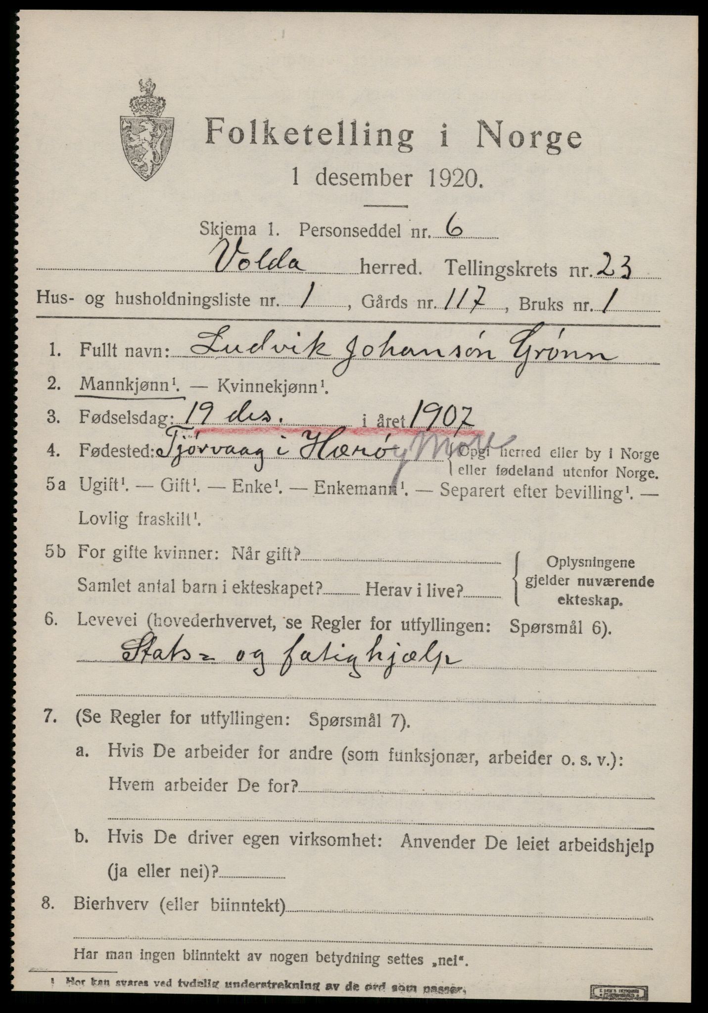 SAT, 1920 census for Volda, 1920, p. 11678