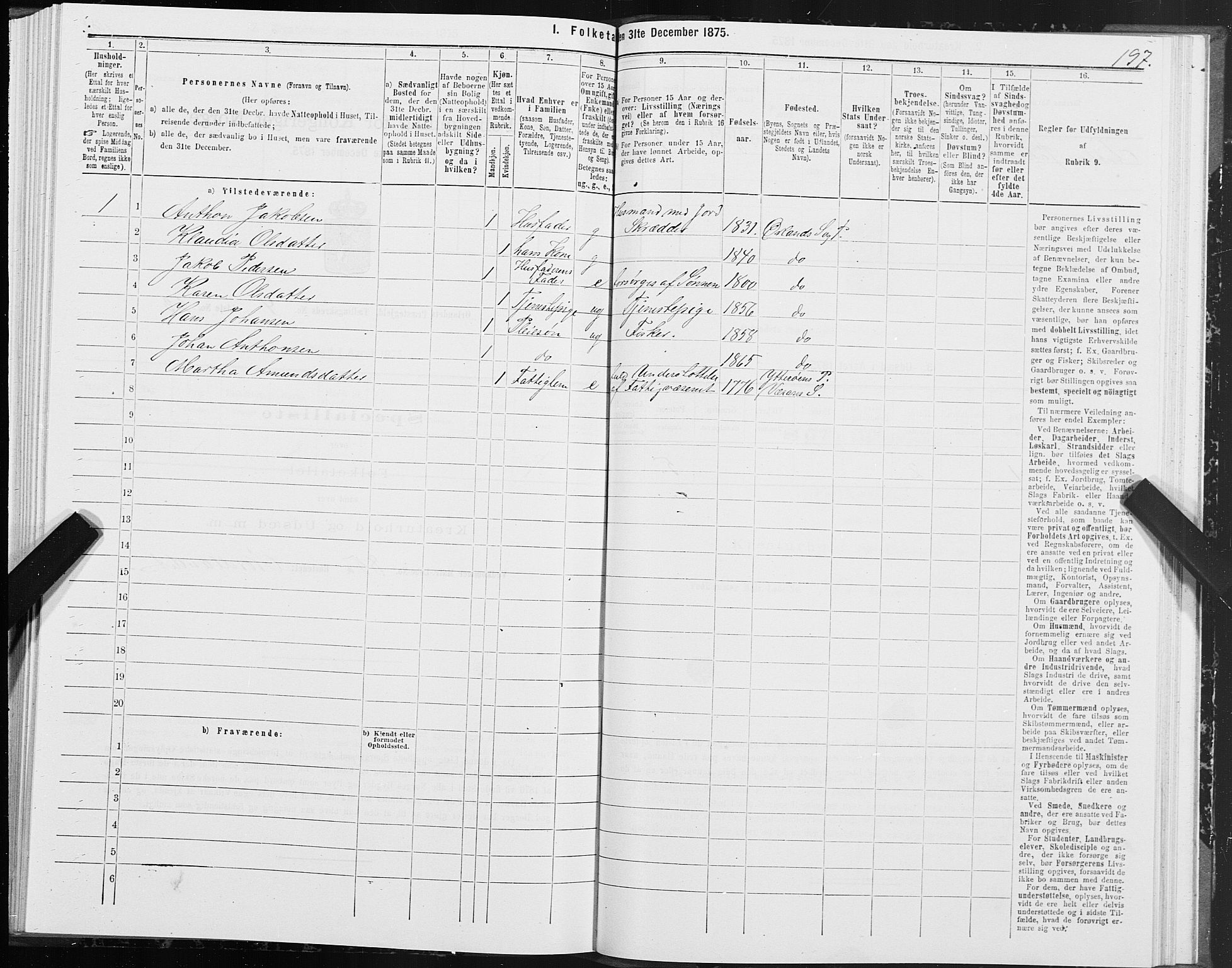 SAT, 1875 census for 1621P Ørland, 1875, p. 2197