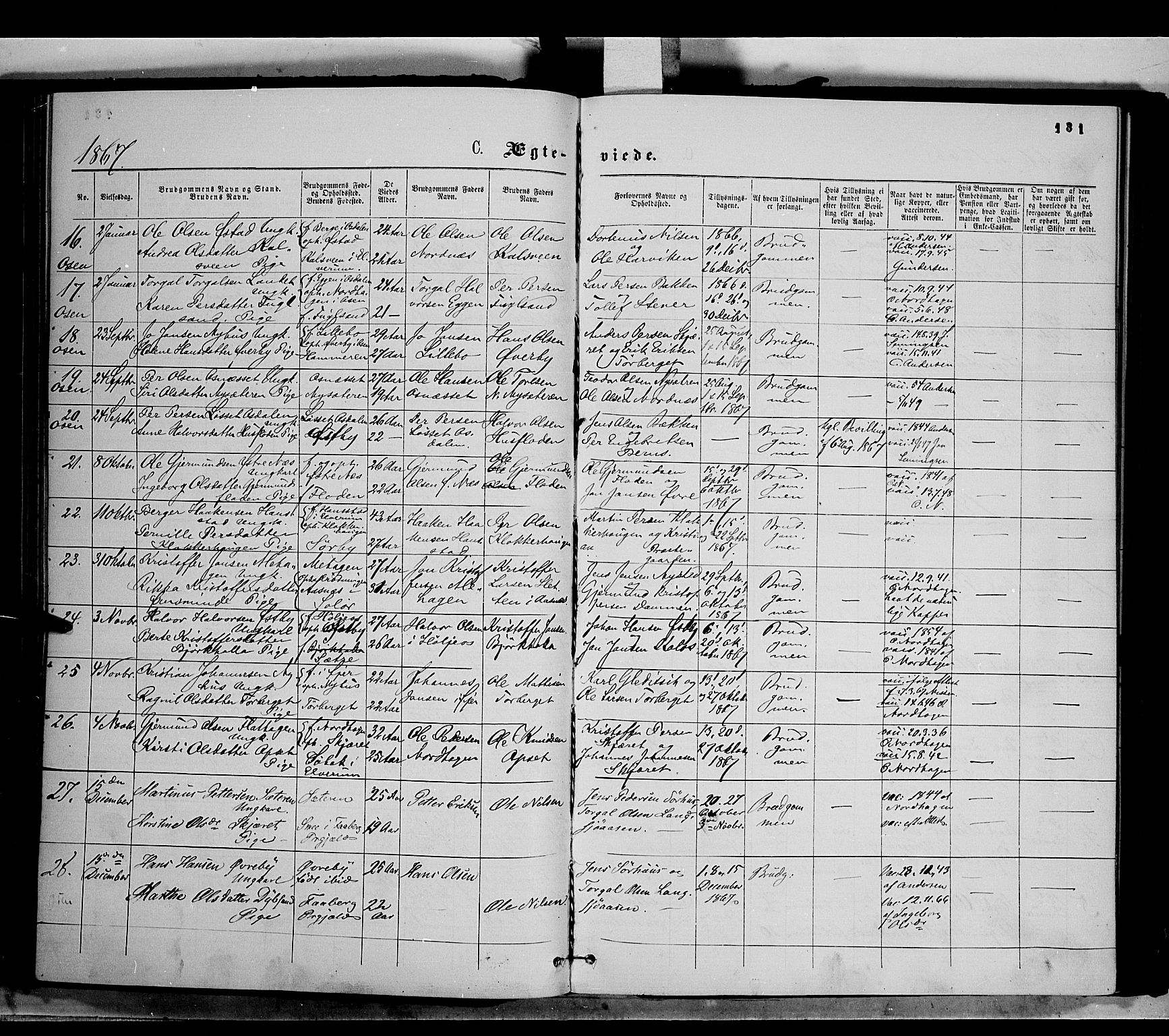 Trysil prestekontor, SAH/PREST-046/H/Ha/Haa/L0006: Parish register (official) no. 6, 1866-1873, p. 131