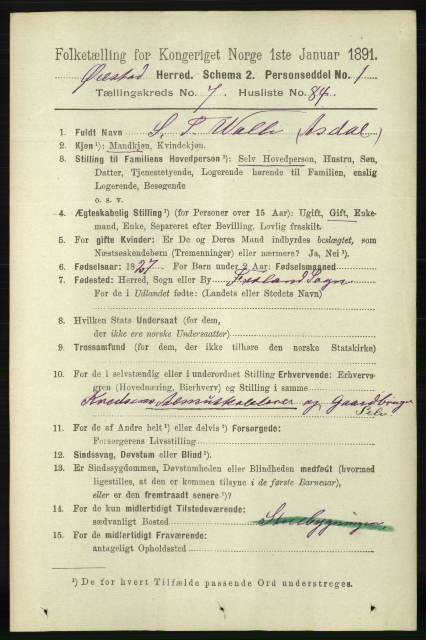 RA, 1891 census for 0920 Øyestad, 1891, p. 3124