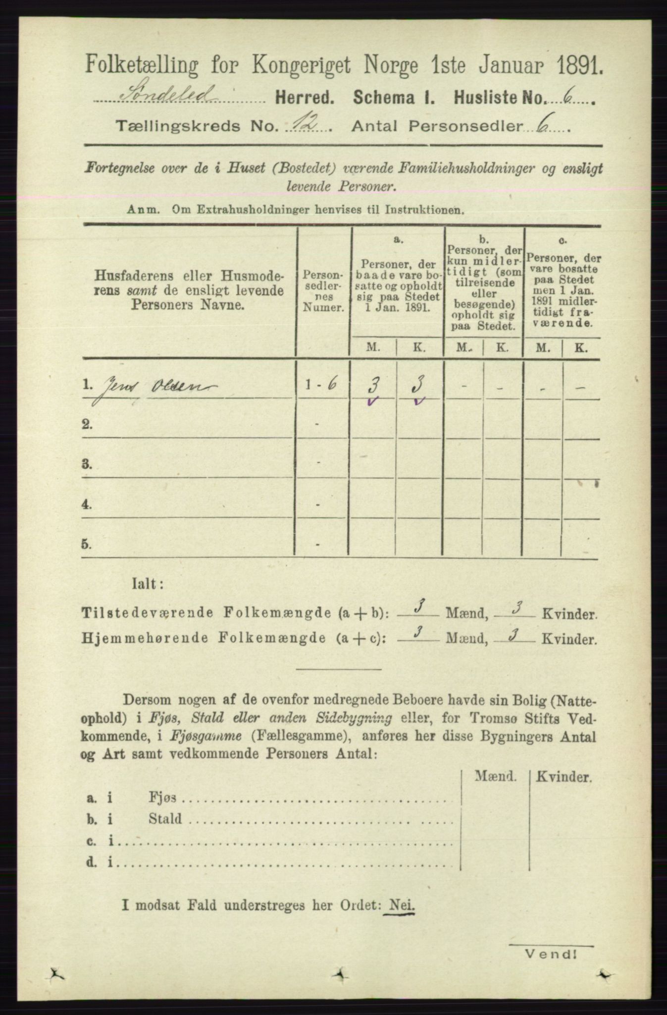 RA, 1891 census for 0913 Søndeled, 1891, p. 3647