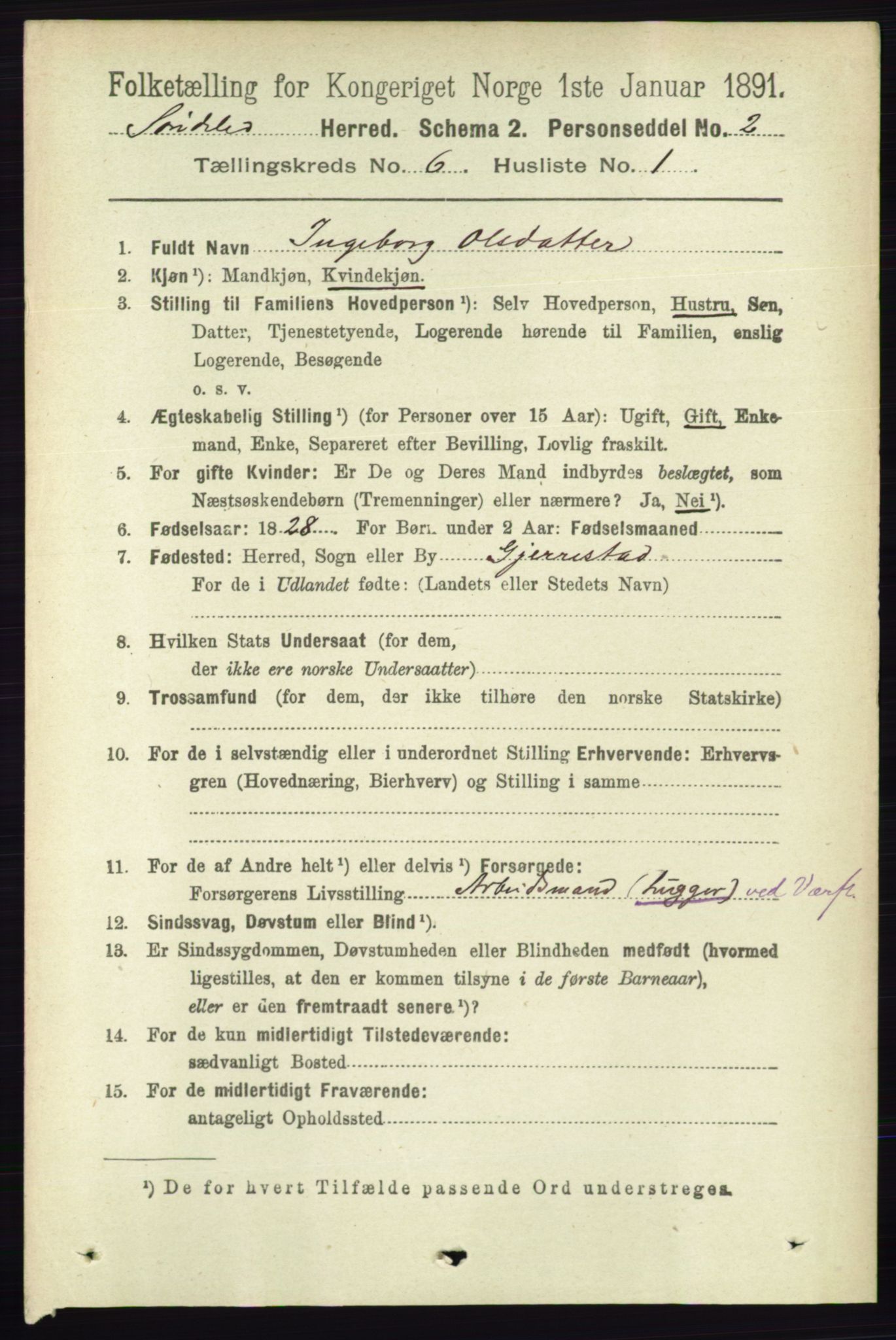 RA, 1891 census for 0913 Søndeled, 1891, p. 1815