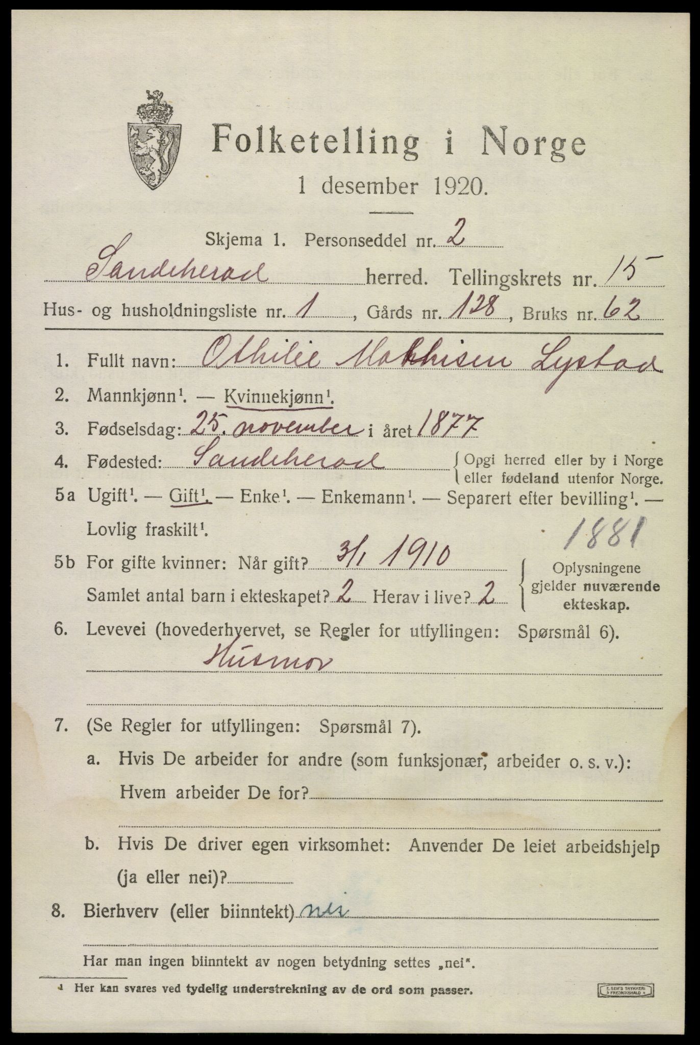 SAKO, 1920 census for Sandeherred, 1920, p. 22960