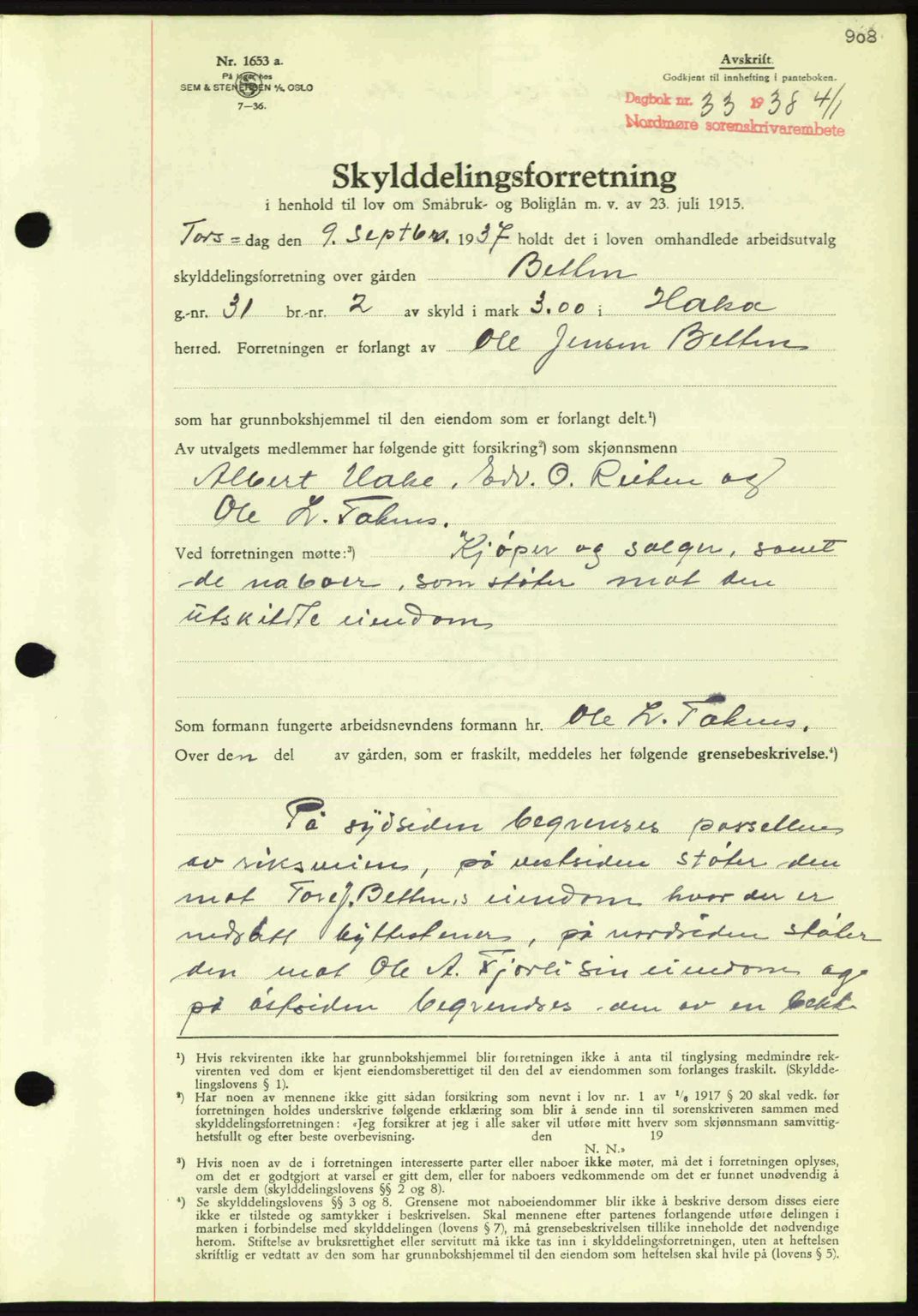 Nordmøre sorenskriveri, SAT/A-4132/1/2/2Ca: Mortgage book no. A82, 1937-1938, Diary no: : 33/1938