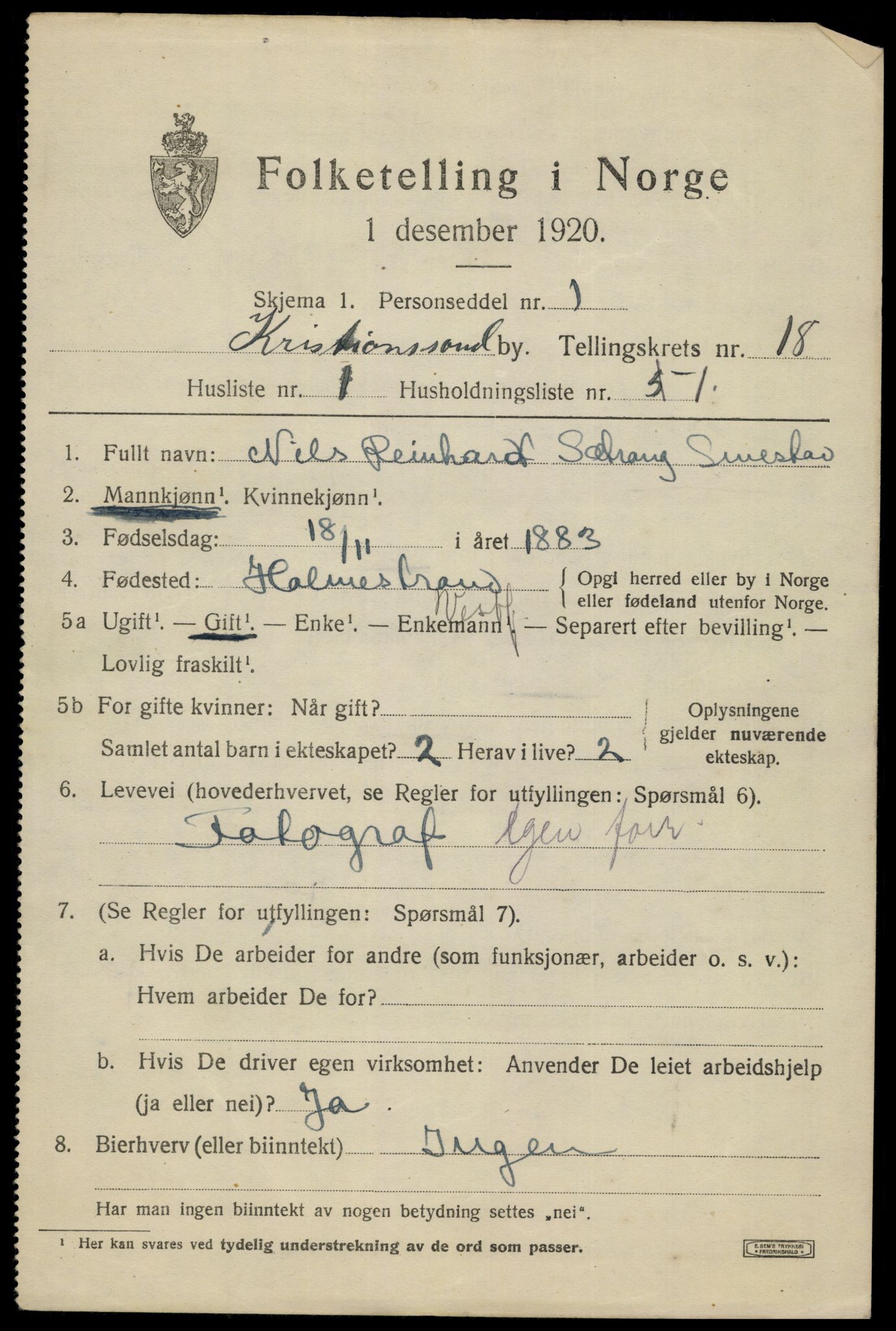 SAK, 1920 census for Kristiansand, 1920, p. 33615