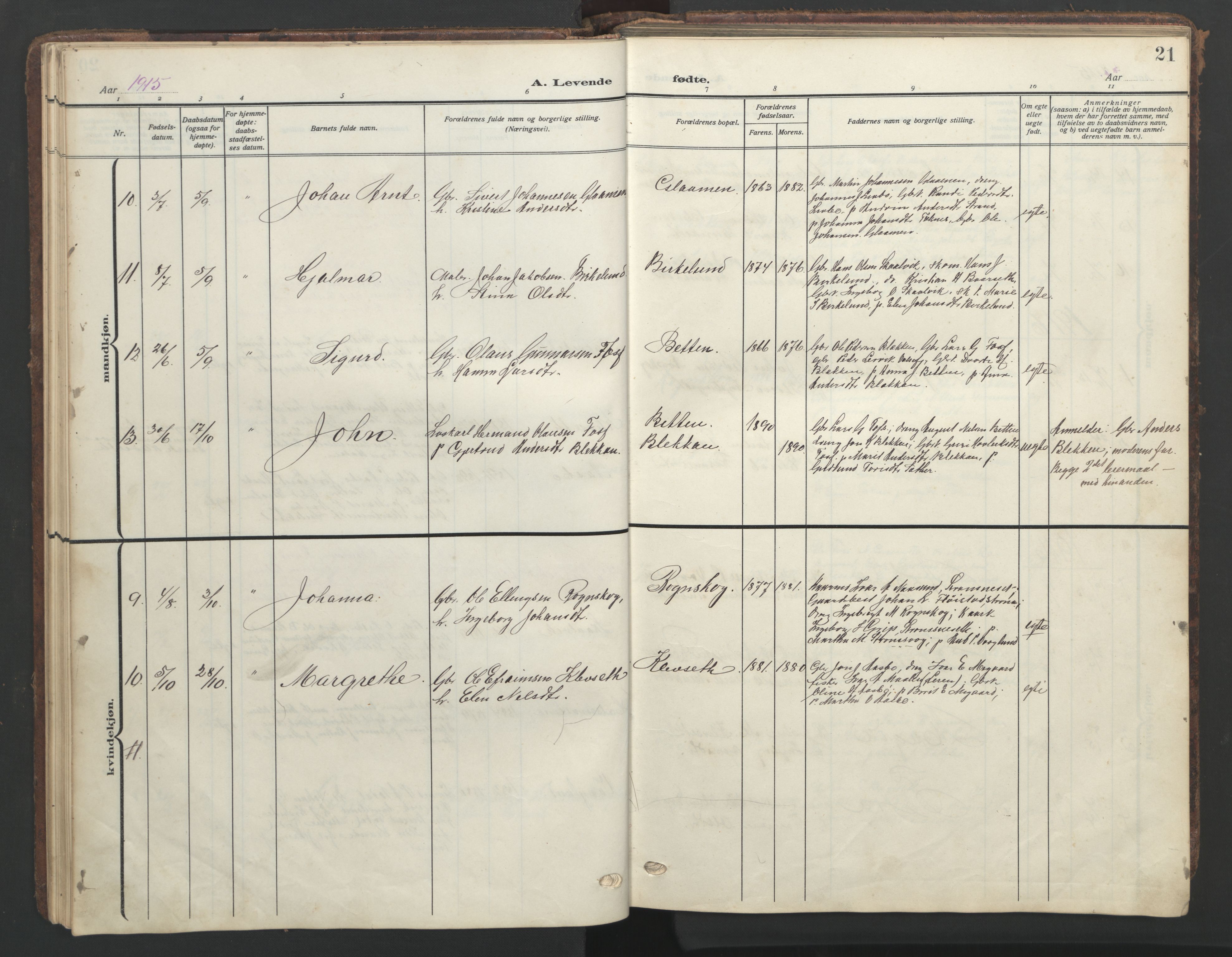 Ministerialprotokoller, klokkerbøker og fødselsregistre - Møre og Romsdal, AV/SAT-A-1454/576/L0891: Parish register (copy) no. 576C02, 1909-1946, p. 21