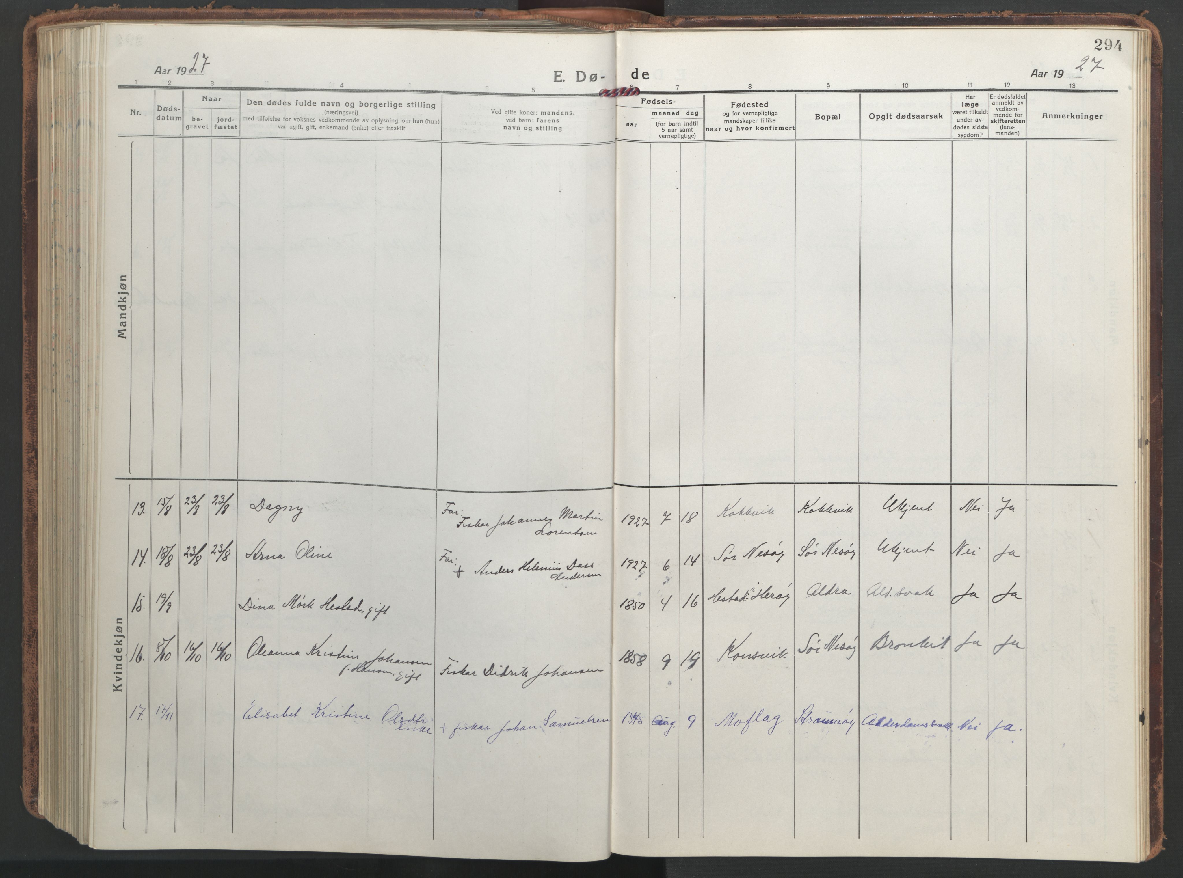 Ministerialprotokoller, klokkerbøker og fødselsregistre - Nordland, AV/SAT-A-1459/839/L0574: Parish register (copy) no. 839C04, 1918-1950, p. 294