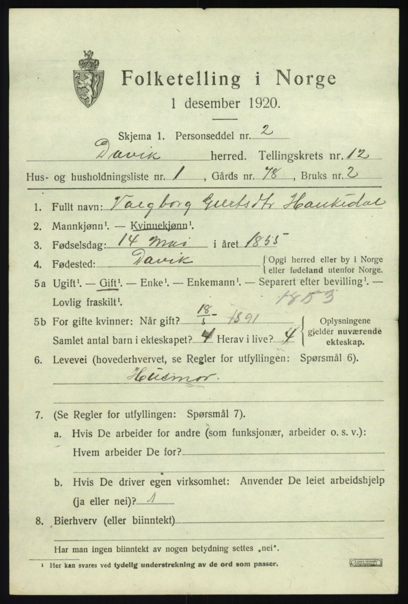 SAB, 1920 census for Davik, 1920, p. 5795