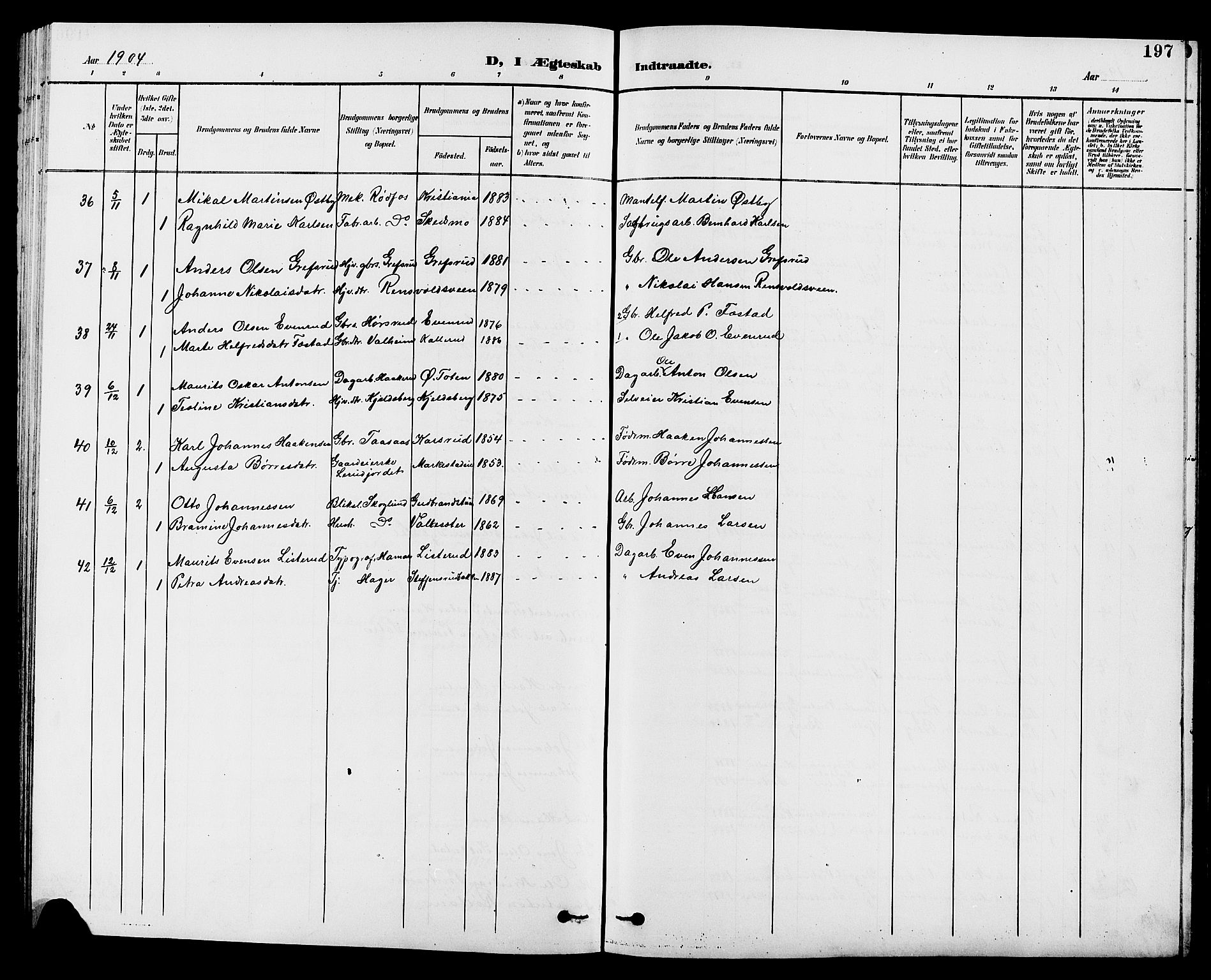 Vestre Toten prestekontor, SAH/PREST-108/H/Ha/Hab/L0010: Parish register (copy) no. 10, 1900-1912, p. 197