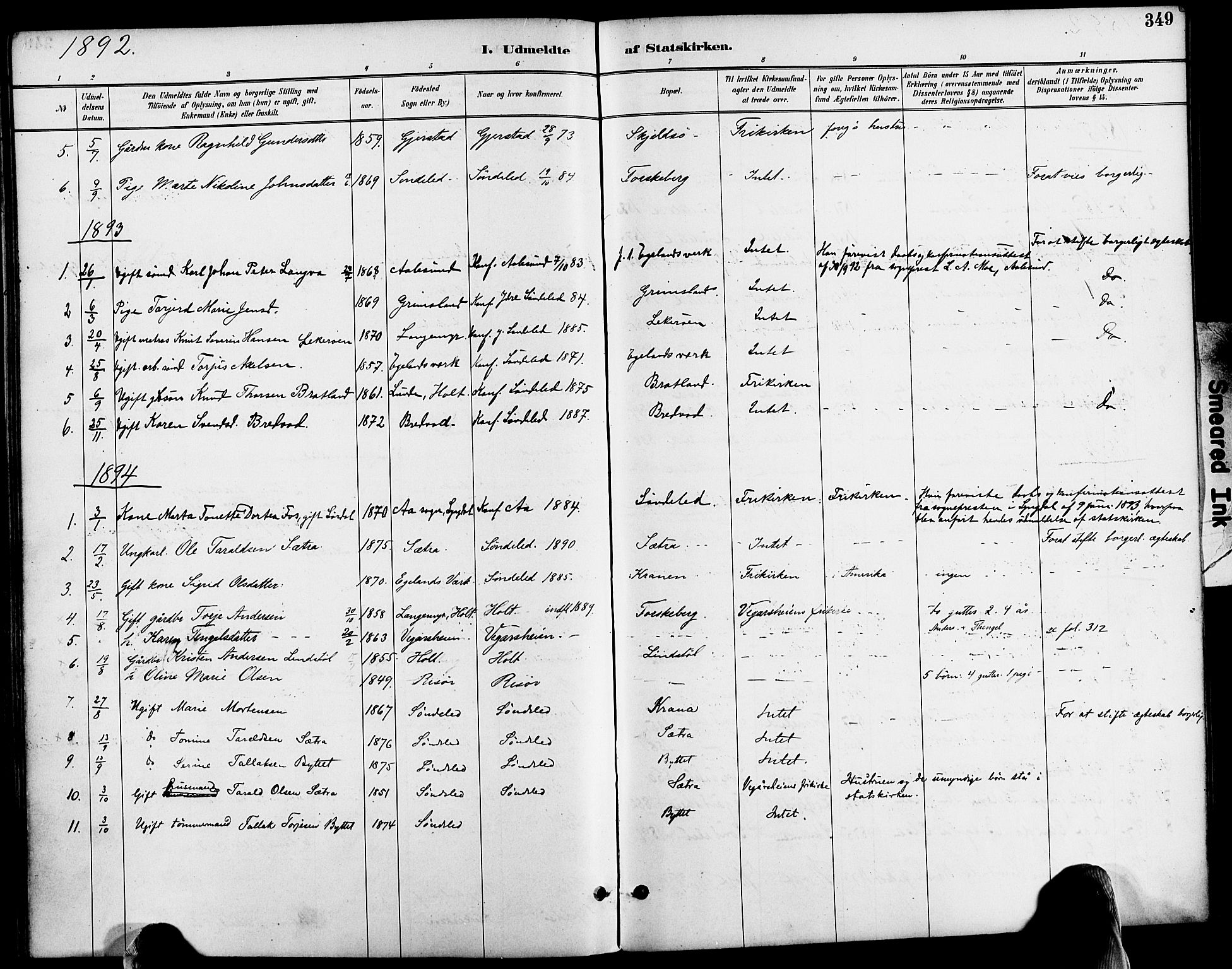 Søndeled sokneprestkontor, SAK/1111-0038/F/Fa/L0005: Parish register (official) no. A 5, 1889-1899, p. 349