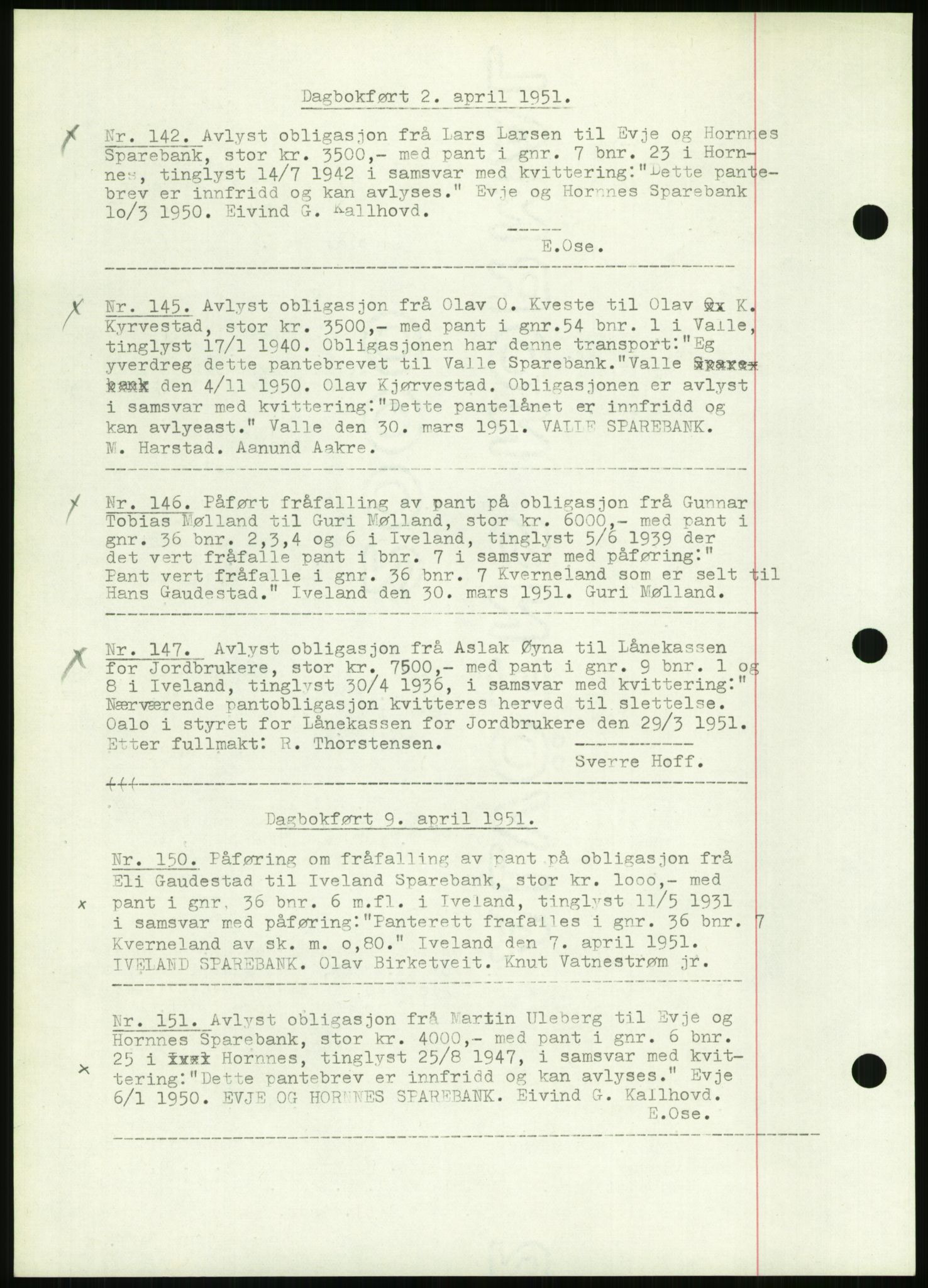 Setesdal sorenskriveri, SAK/1221-0011/G/Gb/L0050: Mortgage book no. B 38, 1949-1952, Diary no: : 122/1951