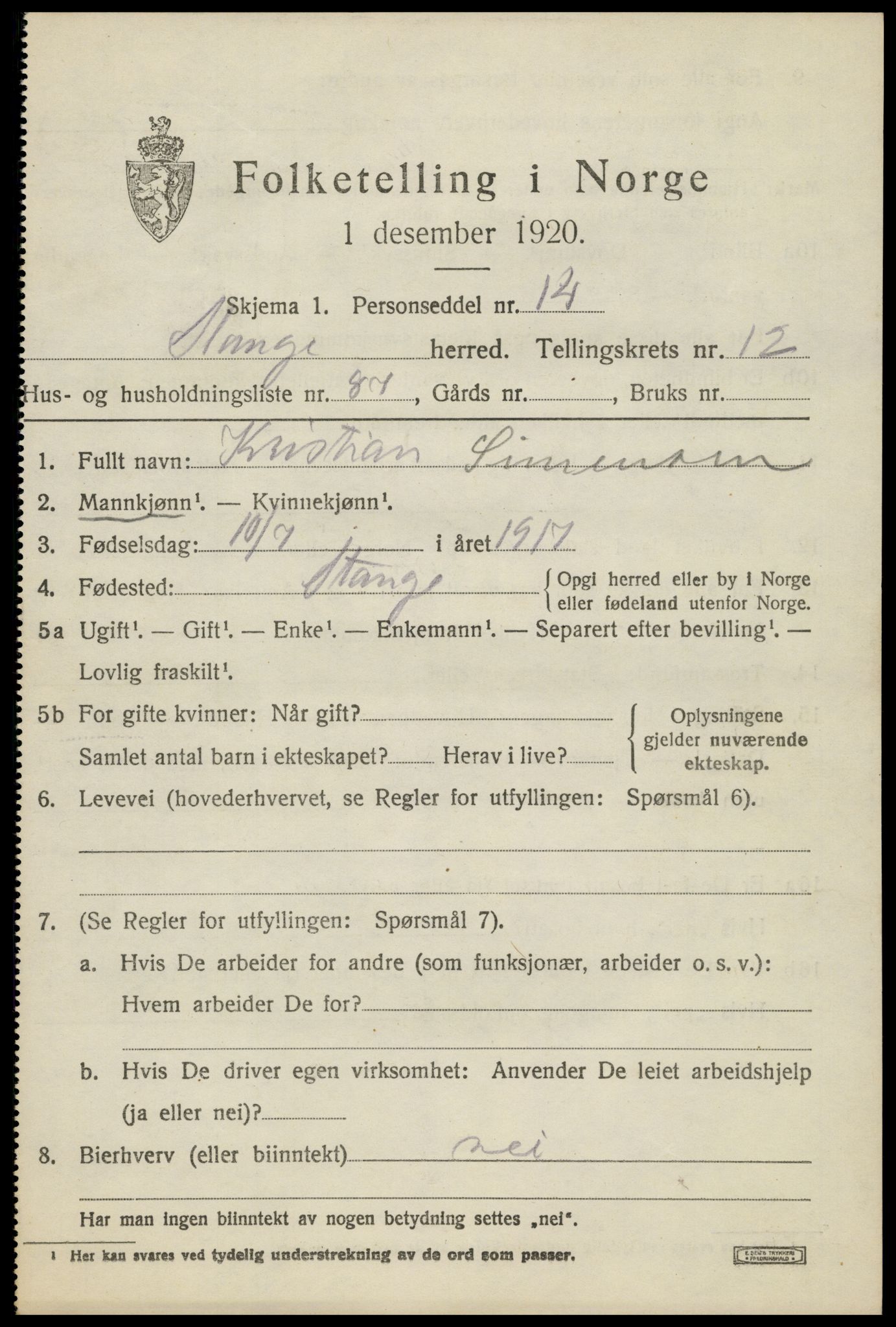 SAH, 1920 census for Stange, 1920, p. 19389