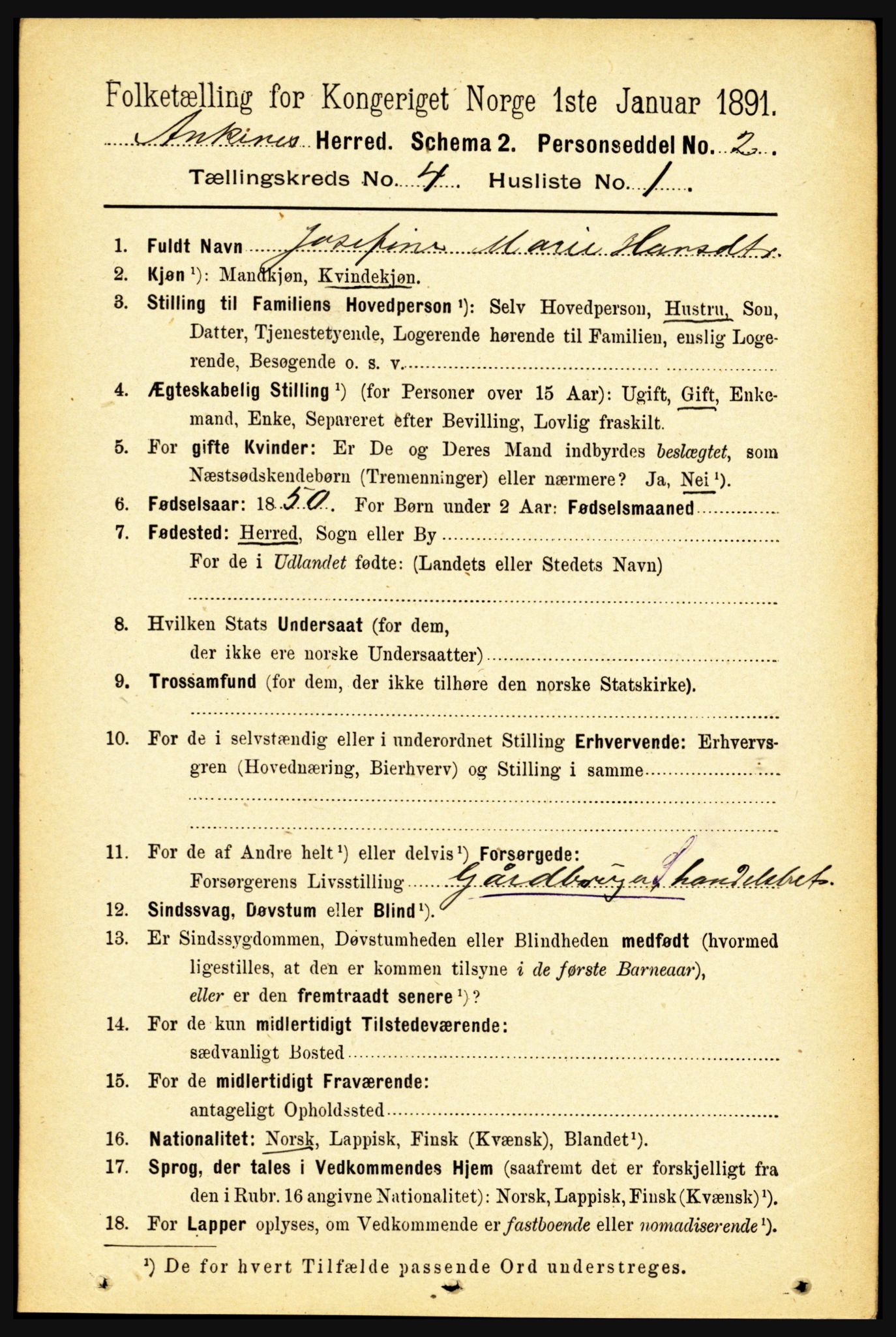 RA, 1891 census for 1855 Ankenes, 1891, p. 2311