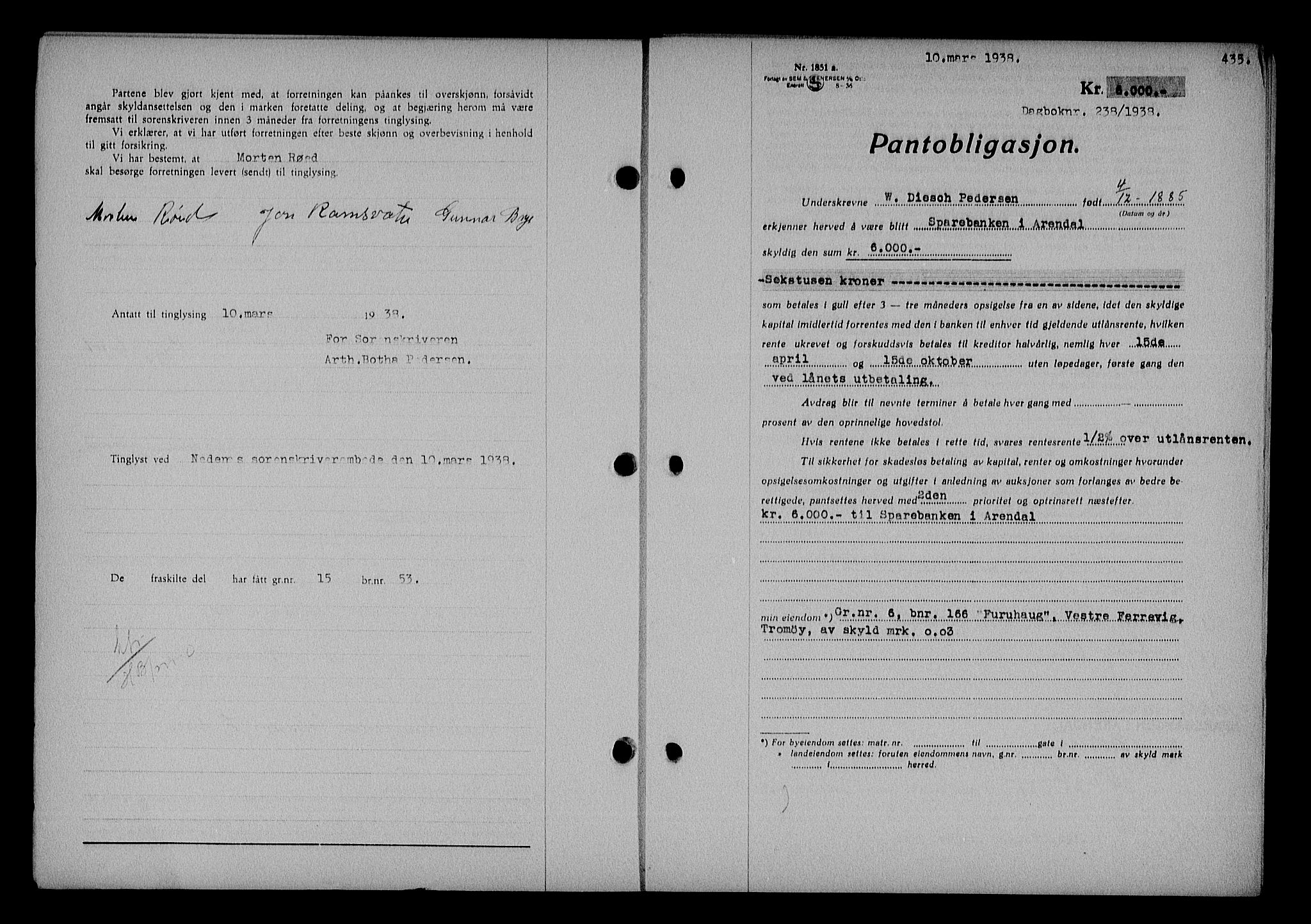 Nedenes sorenskriveri, SAK/1221-0006/G/Gb/Gba/L0044: Mortgage book no. 40, 1937-1938, Diary no: : 238/1938