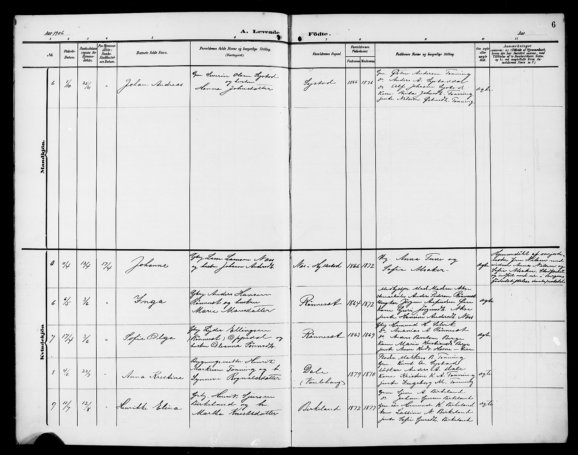 Hyllestad sokneprestembete, AV/SAB-A-80401: Parish register (copy) no. A 3, 1906-1925, p. 6