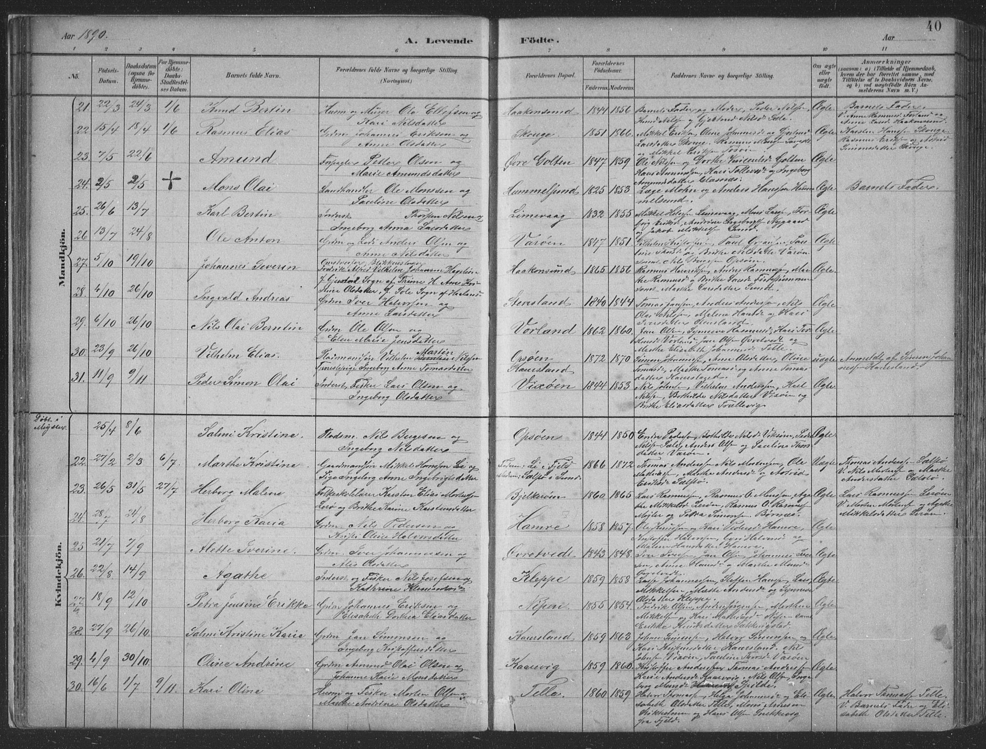 Sund sokneprestembete, SAB/A-99930: Parish register (copy) no. B 3, 1882-1911, p. 40