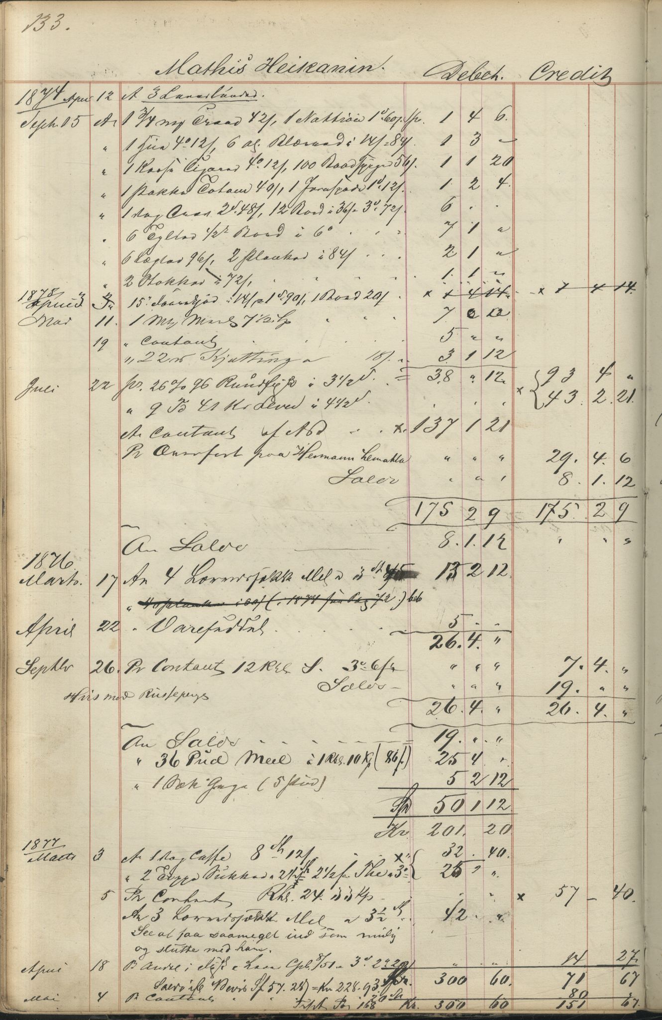 Brodtkorb handel A/S, VAMU/A-0001/F/Fc/L0001/0001: Konto for kvener og nordmenn på Kolahalvøya  / Conto for Kvæner og Nordmænd paa Russefinmarken No 1, 1868-1894, p. 133