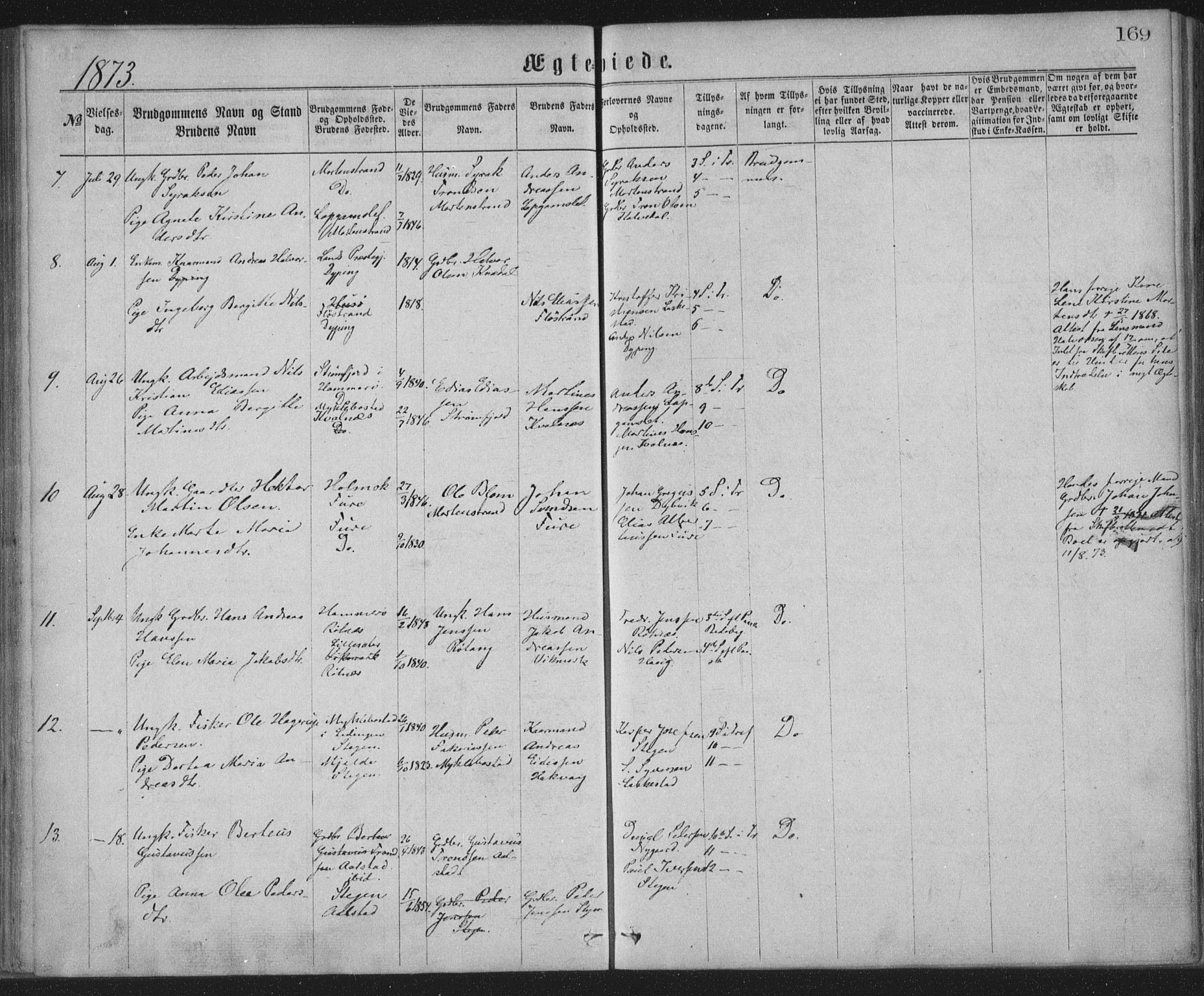 Ministerialprotokoller, klokkerbøker og fødselsregistre - Nordland, AV/SAT-A-1459/855/L0801: Parish register (official) no. 855A09, 1864-1874, p. 169