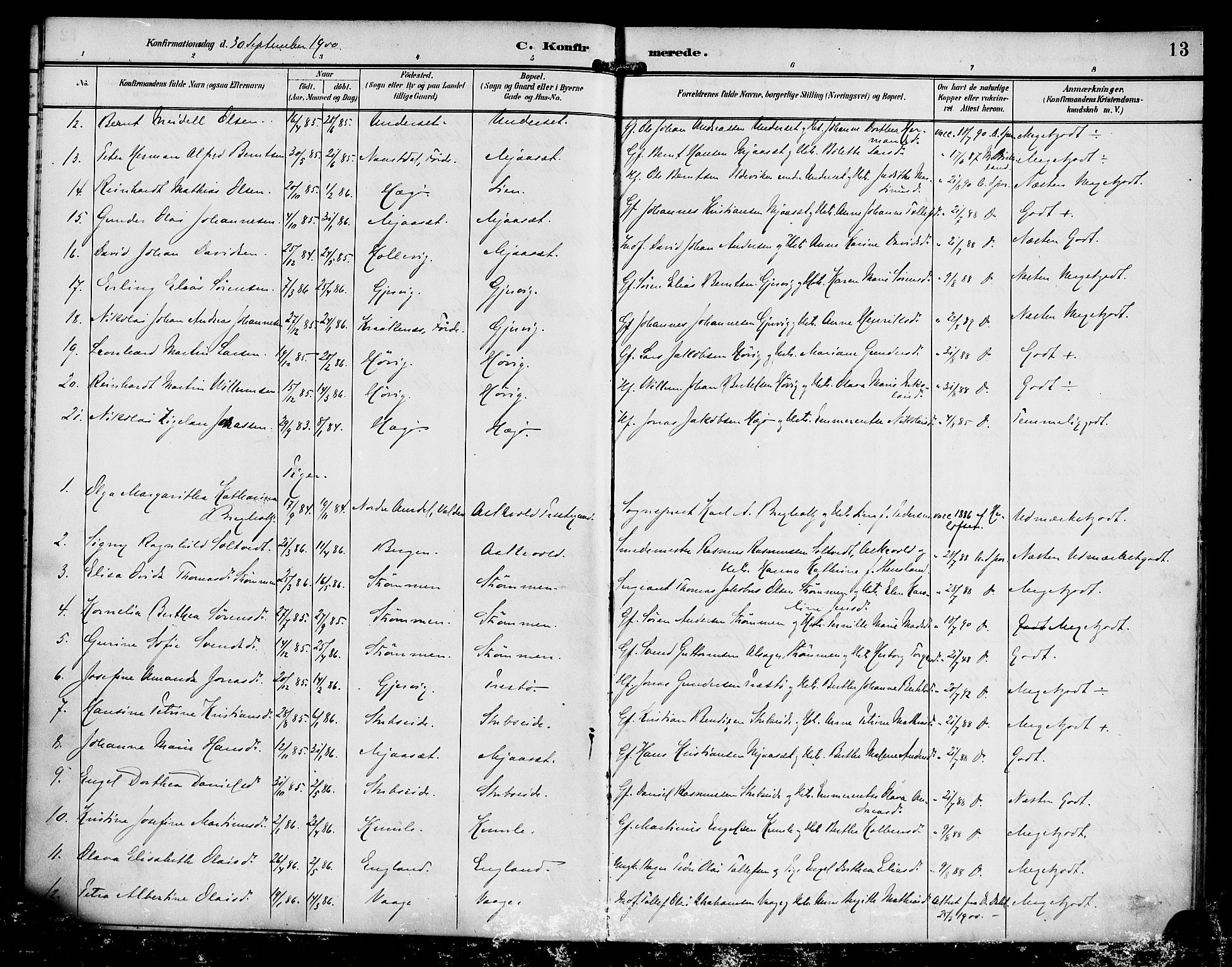 Askvoll sokneprestembete, AV/SAB-A-79501/H/Haa/Haab/L0001: Parish register (official) no. B 1, 1896-1920, p. 13