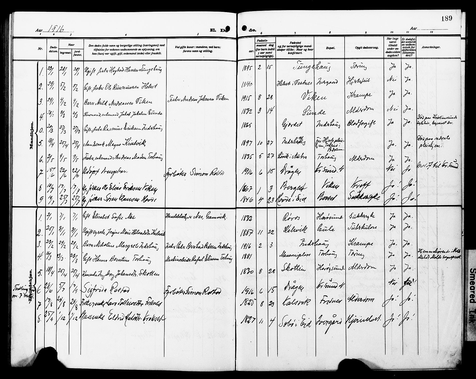 Ministerialprotokoller, klokkerbøker og fødselsregistre - Møre og Romsdal, SAT/A-1454/566/L0774: Parish register (copy) no. 566C03, 1910-1929, p. 189