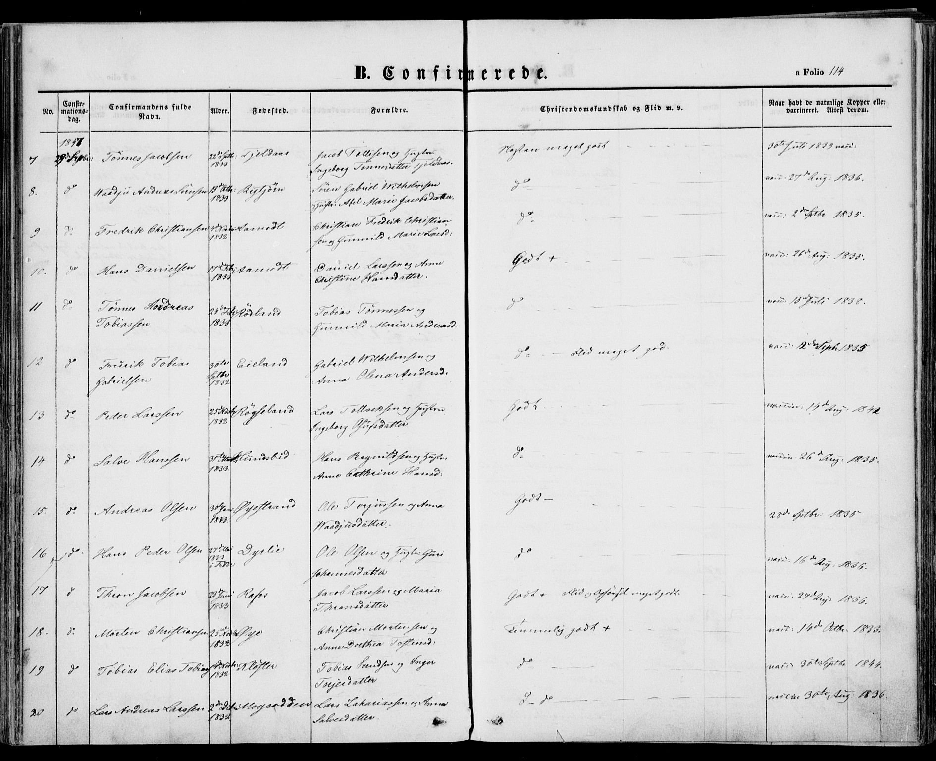 Kvinesdal sokneprestkontor, AV/SAK-1111-0026/F/Fa/Fab/L0005: Parish register (official) no. A 5, 1844-1857, p. 114