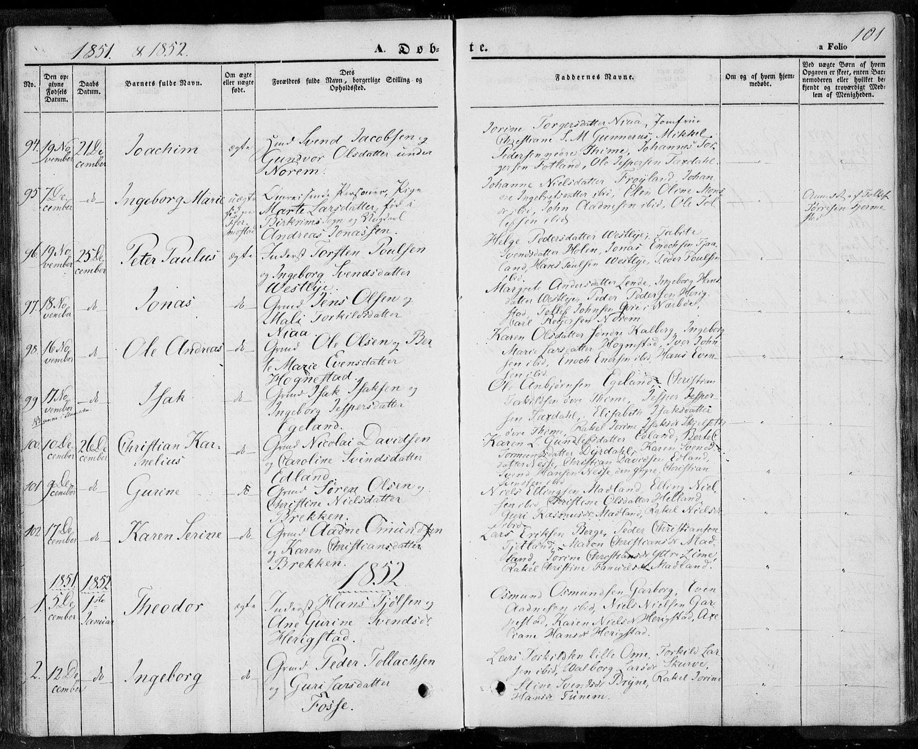Lye sokneprestkontor, SAST/A-101794/001/30BA/L0005: Parish register (official) no. A 5.1, 1842-1855, p. 101