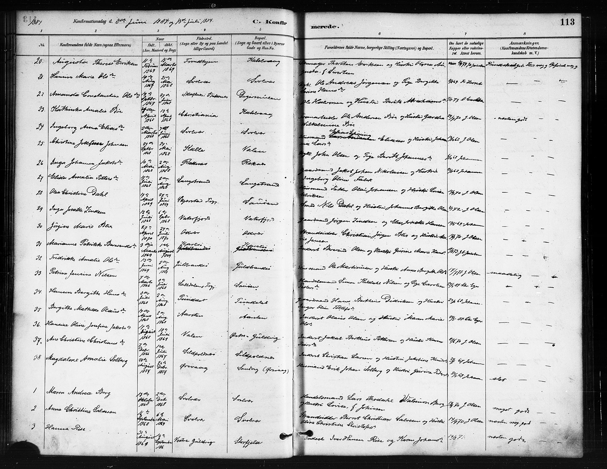 Ministerialprotokoller, klokkerbøker og fødselsregistre - Nordland, AV/SAT-A-1459/874/L1059: Parish register (official) no. 874A03, 1884-1890, p. 113