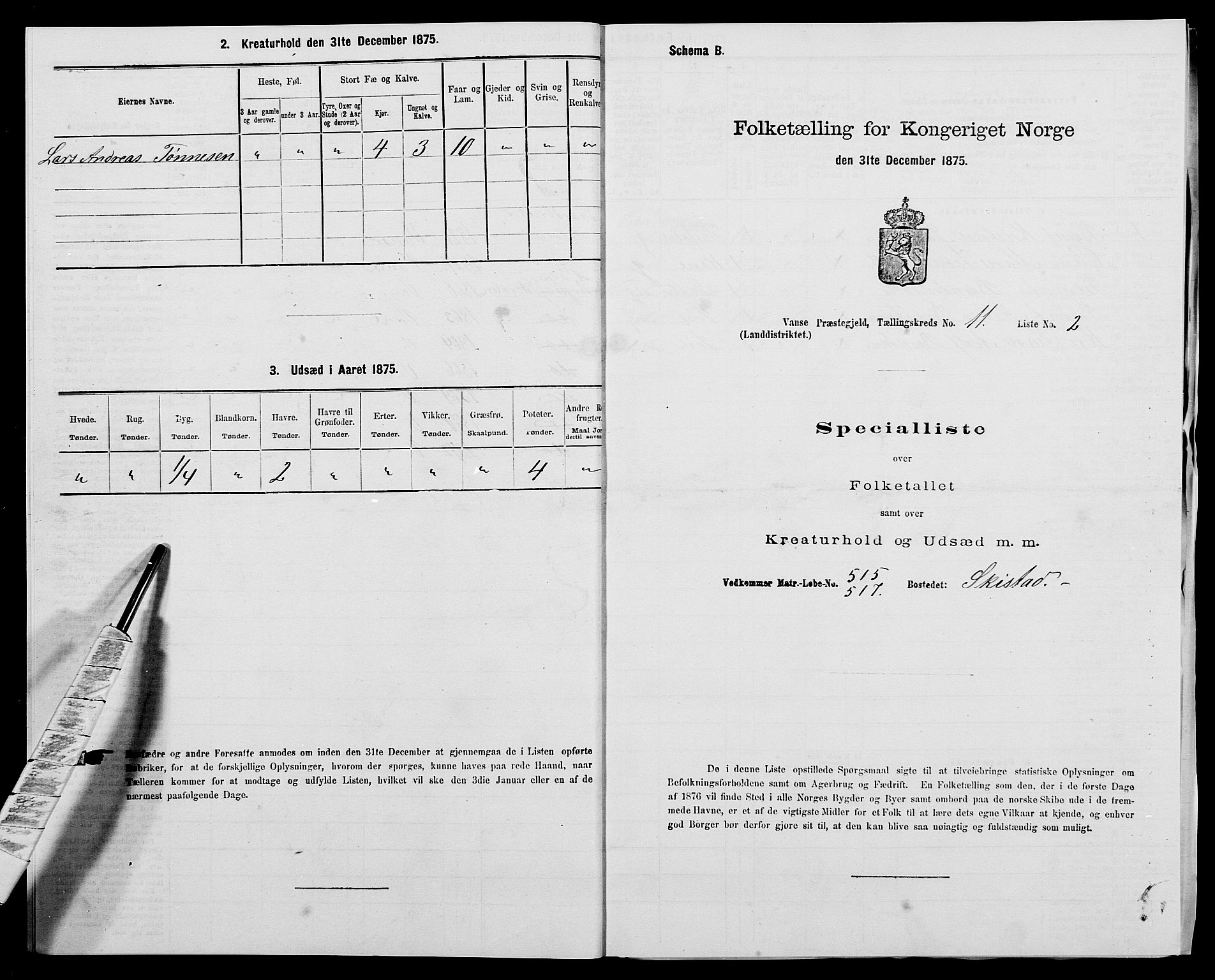 SAK, 1875 census for 1041L Vanse/Vanse og Farsund, 1875, p. 1988