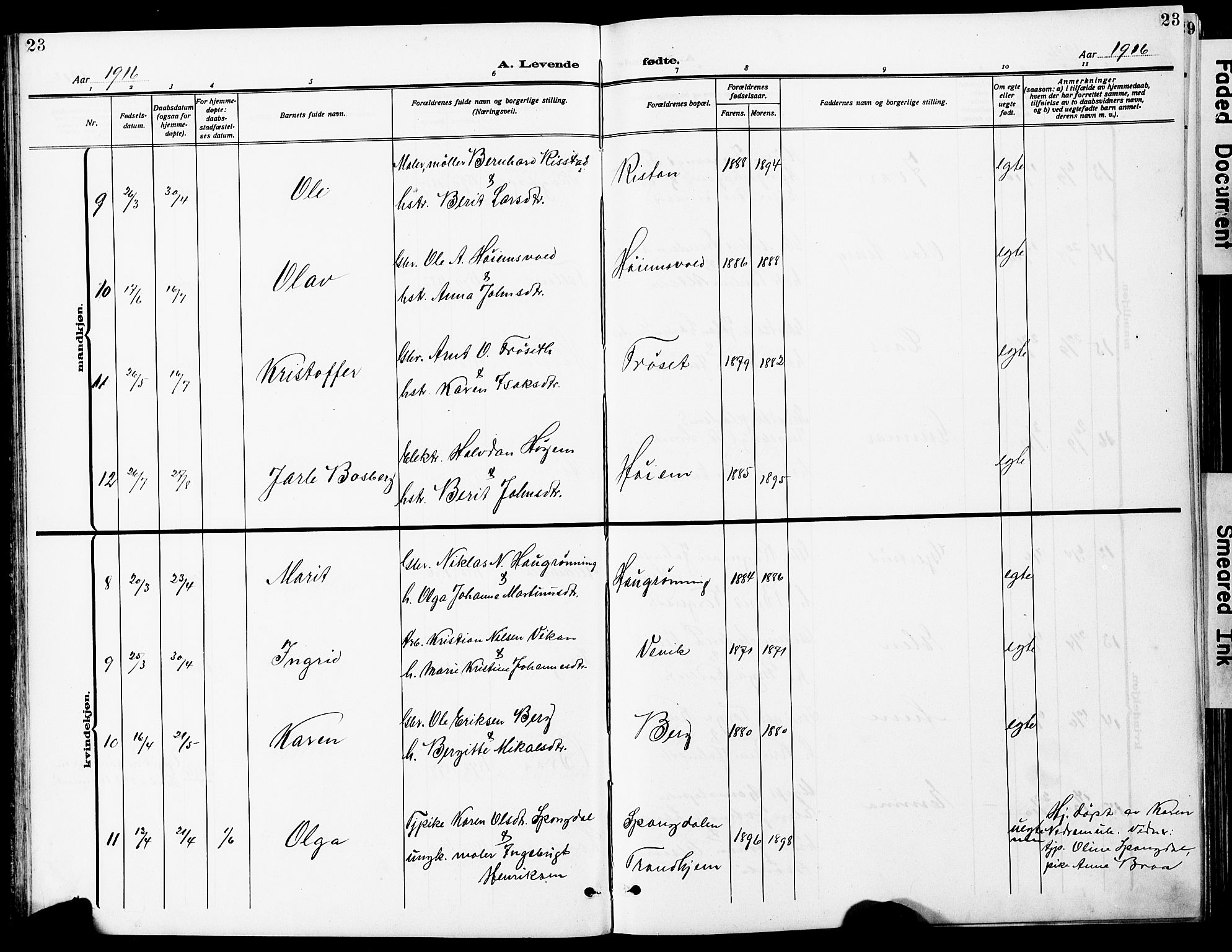 Ministerialprotokoller, klokkerbøker og fødselsregistre - Sør-Trøndelag, AV/SAT-A-1456/612/L0388: Parish register (copy) no. 612C04, 1909-1929, p. 23