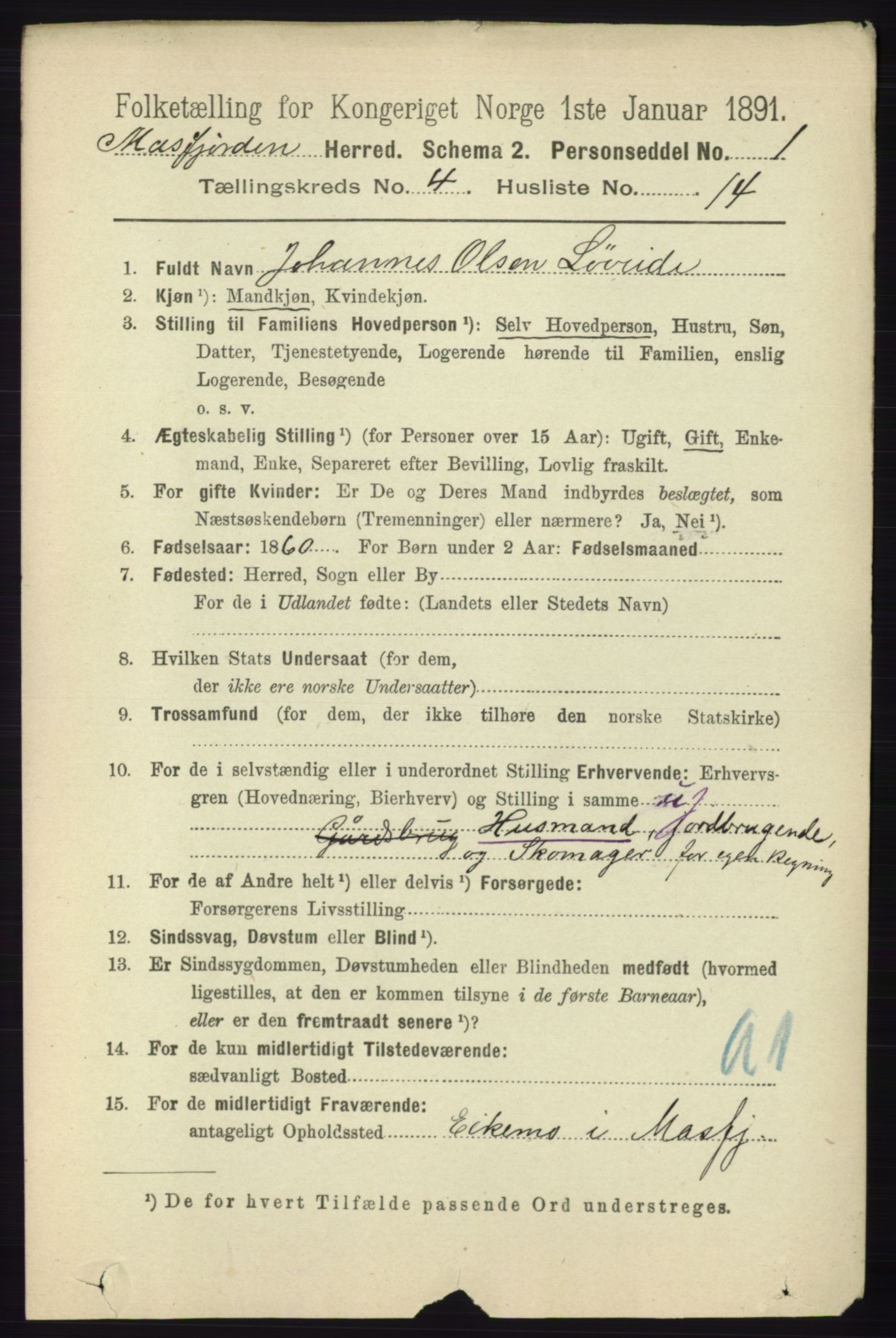 RA, 1891 census for 1266 Masfjorden, 1891, p. 838