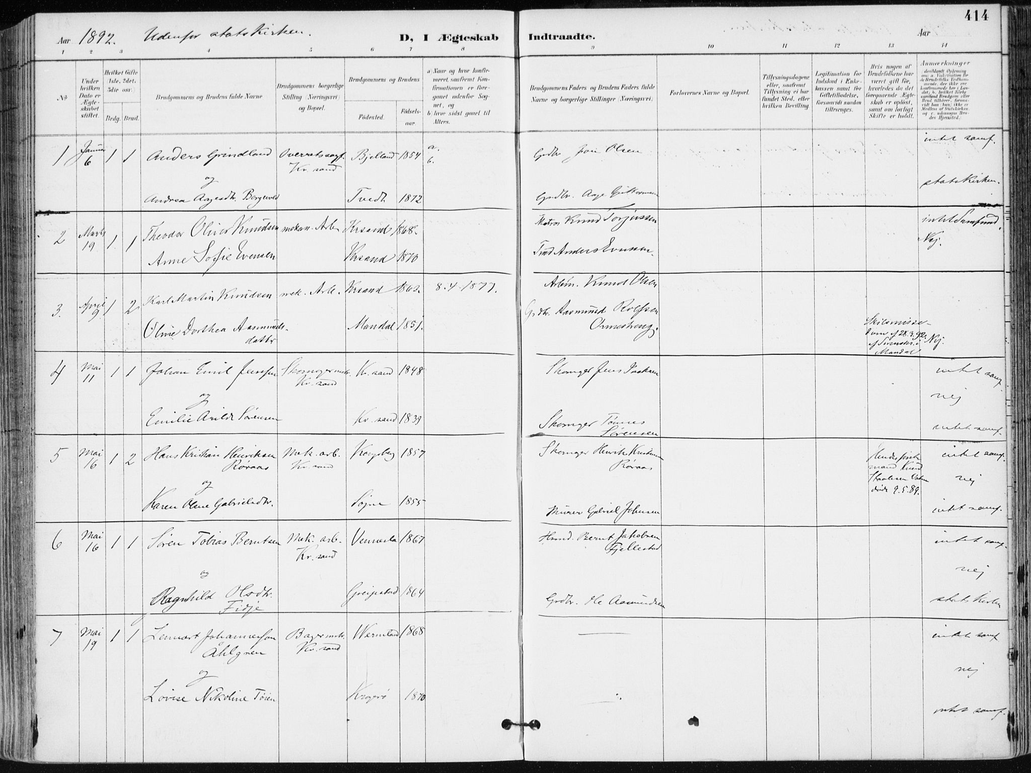 Kristiansand domprosti, AV/SAK-1112-0006/F/Fa/L0019: Parish register (official) no. A 18, 1890-1897, p. 414