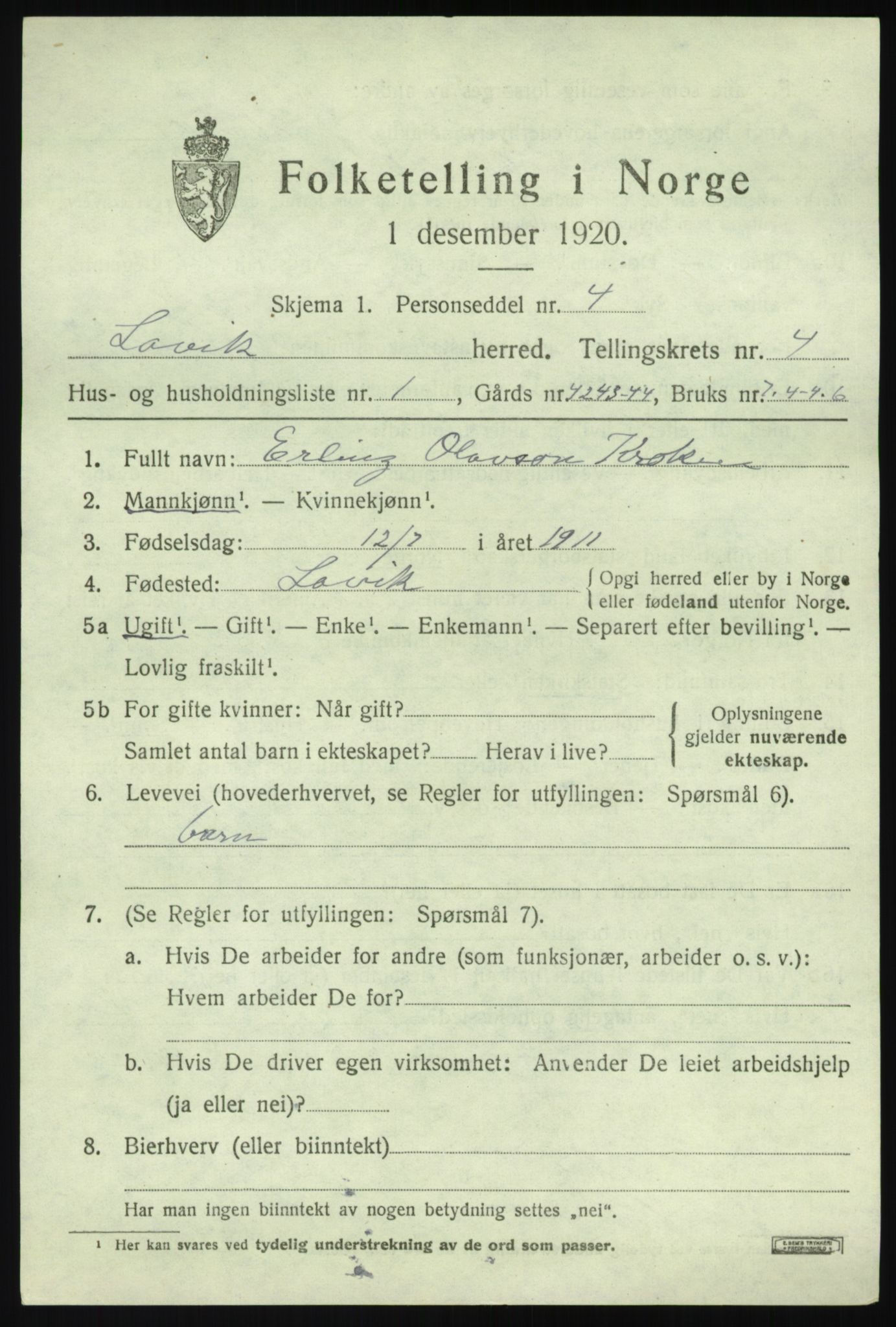 SAB, 1920 census for Lavik, 1920, p. 752