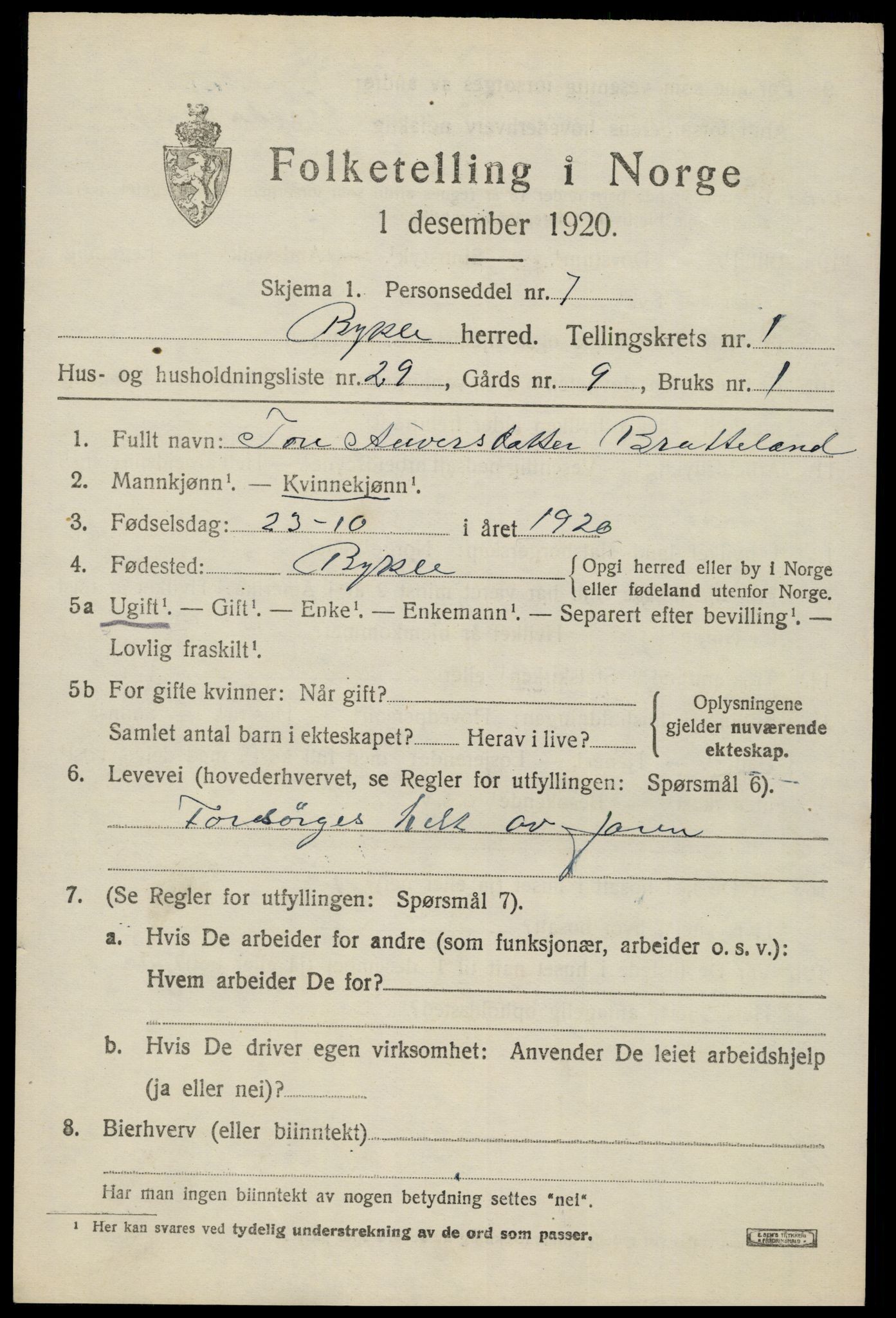 SAK, 1920 census for Bykle, 1920, p. 579