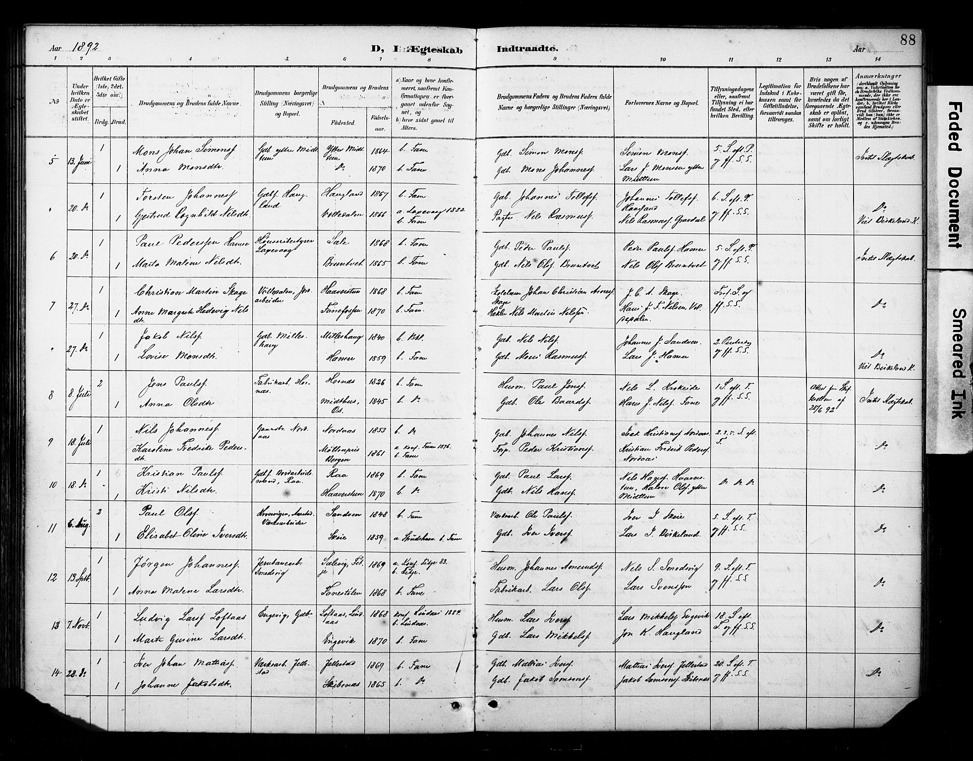 Fana Sokneprestembete, AV/SAB-A-75101/H/Haa/Haab/L0002: Parish register (official) no. B 2, 1890-1897, p. 88