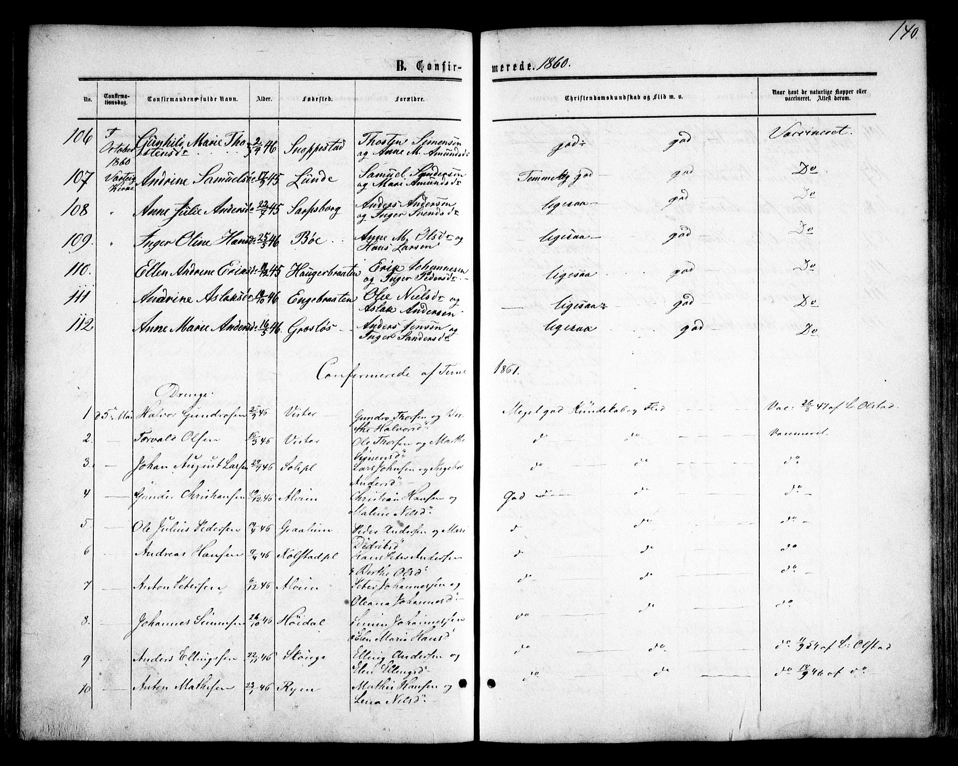 Tune prestekontor Kirkebøker, AV/SAO-A-2007/F/Fa/L0013: Parish register (official) no. 13, 1859-1863, p. 140
