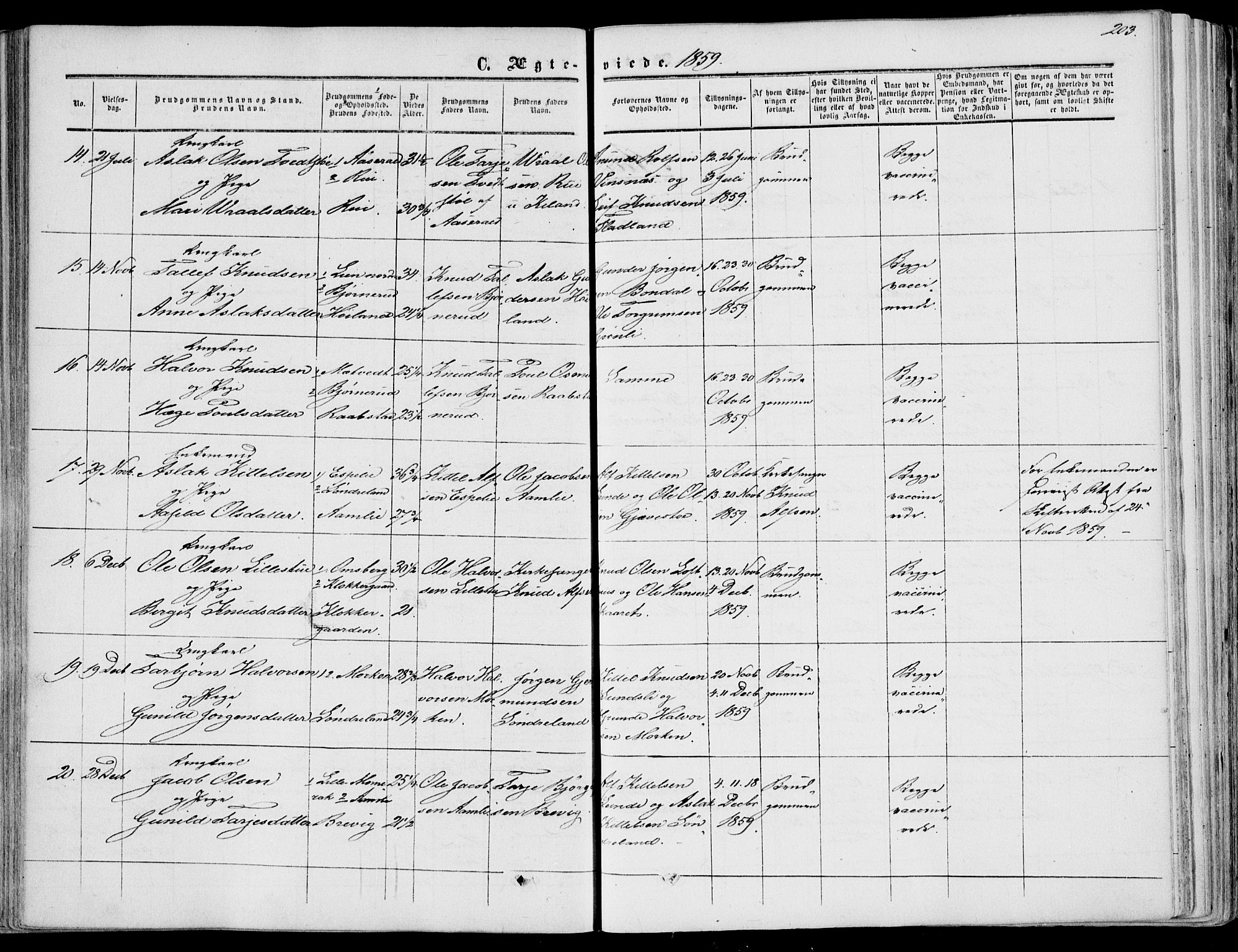 Fyresdal kirkebøker, SAKO/A-263/F/Fa/L0005: Parish register (official) no. I 5, 1855-1871, p. 203