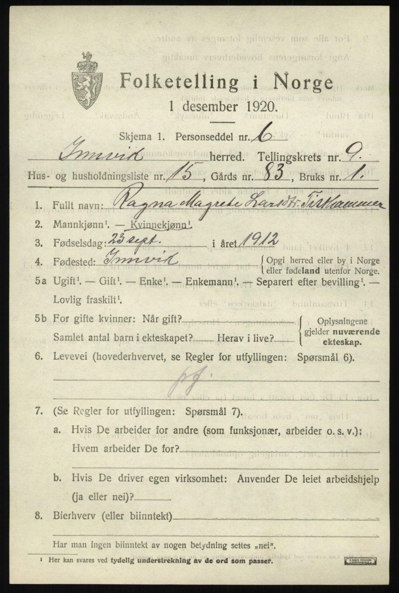 SAB, 1920 census for Innvik, 1920, p. 4097