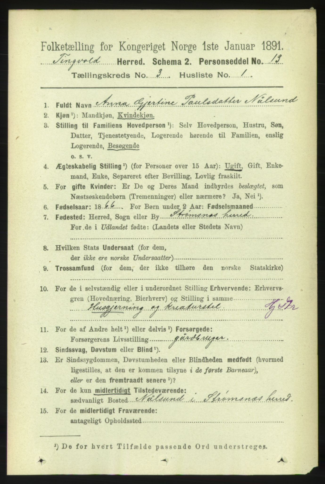 RA, 1891 census for 1560 Tingvoll, 1891, p. 1000