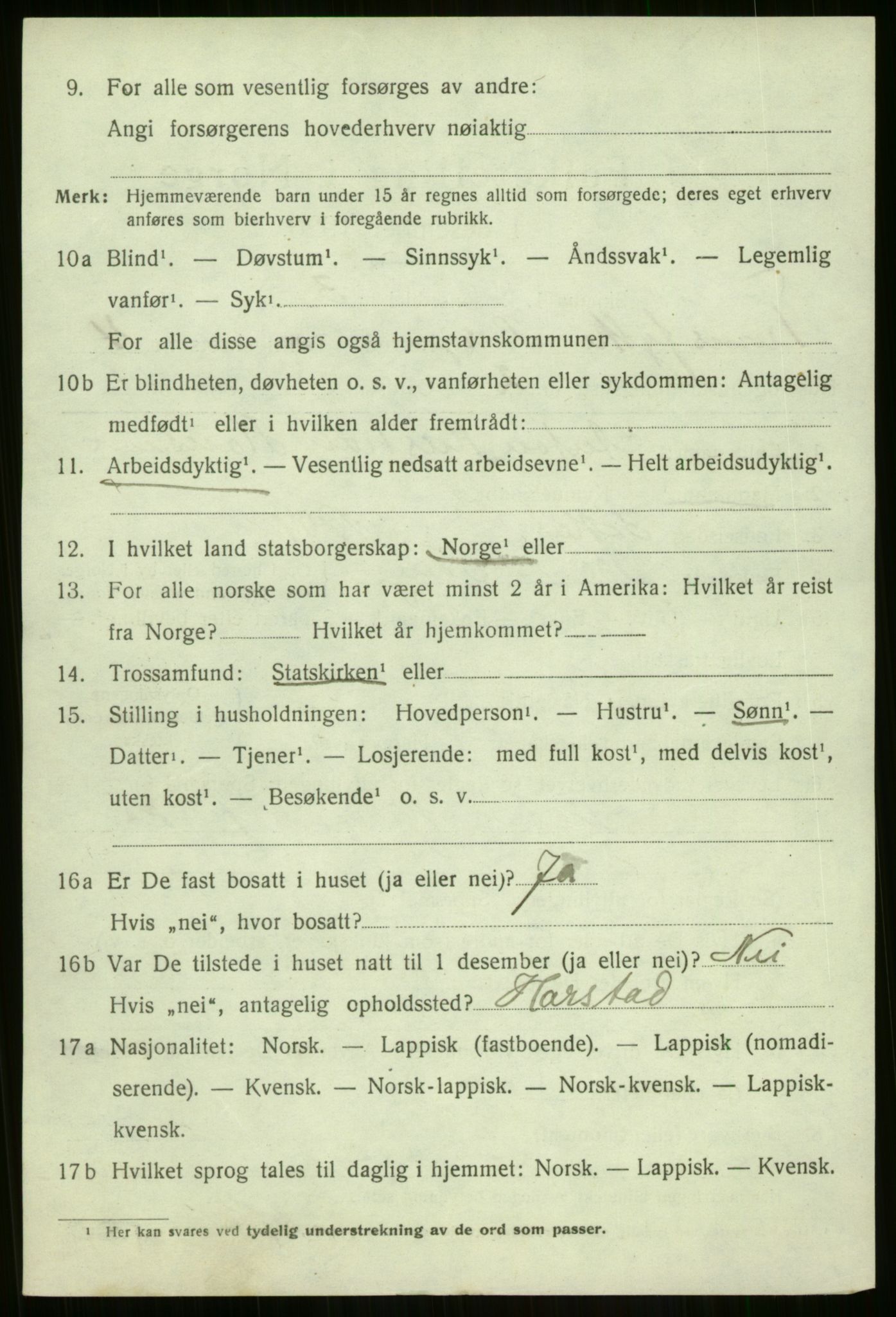 SATØ, 1920 census for Berg, 1920, p. 1536