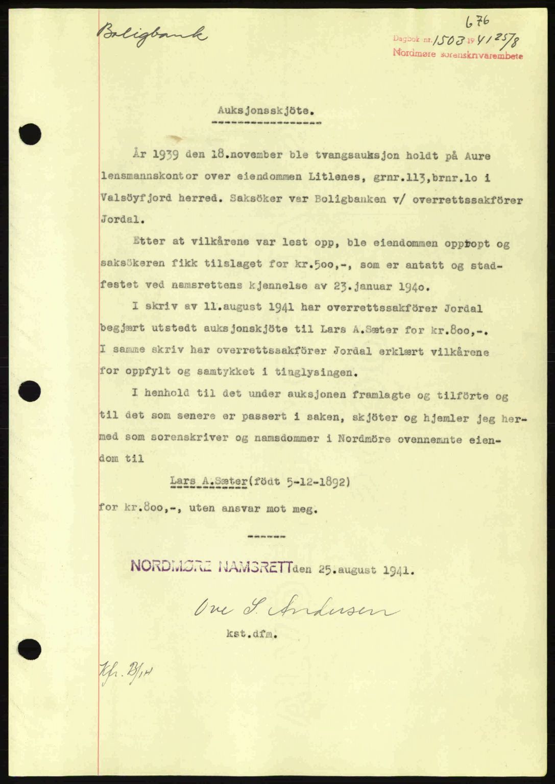 Nordmøre sorenskriveri, SAT/A-4132/1/2/2Ca: Mortgage book no. A90, 1941-1941, Diary no: : 1503/1941